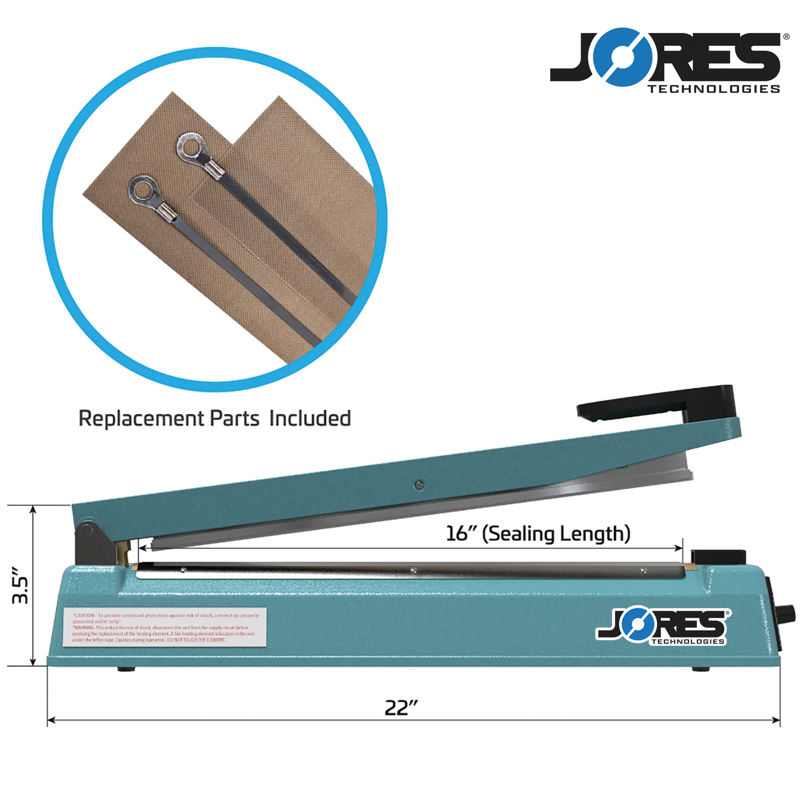 16 manual impulse sealer with machine measurements. Highlighted feature reads 