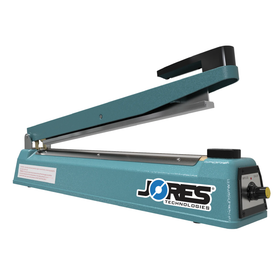 Portable manual impulse sealer machine. Bag sealing machine with JORES TECHNOLOGIES® logo.