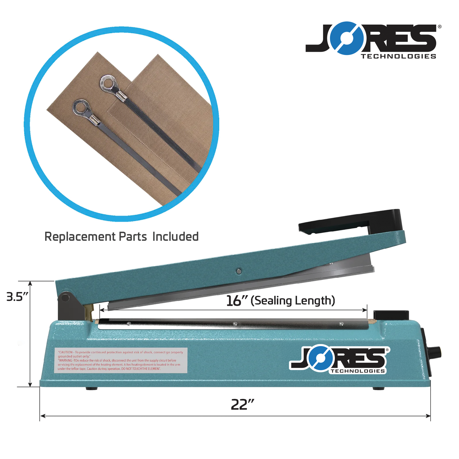 Manual impulse sealer with machine measurements. Feature read: 