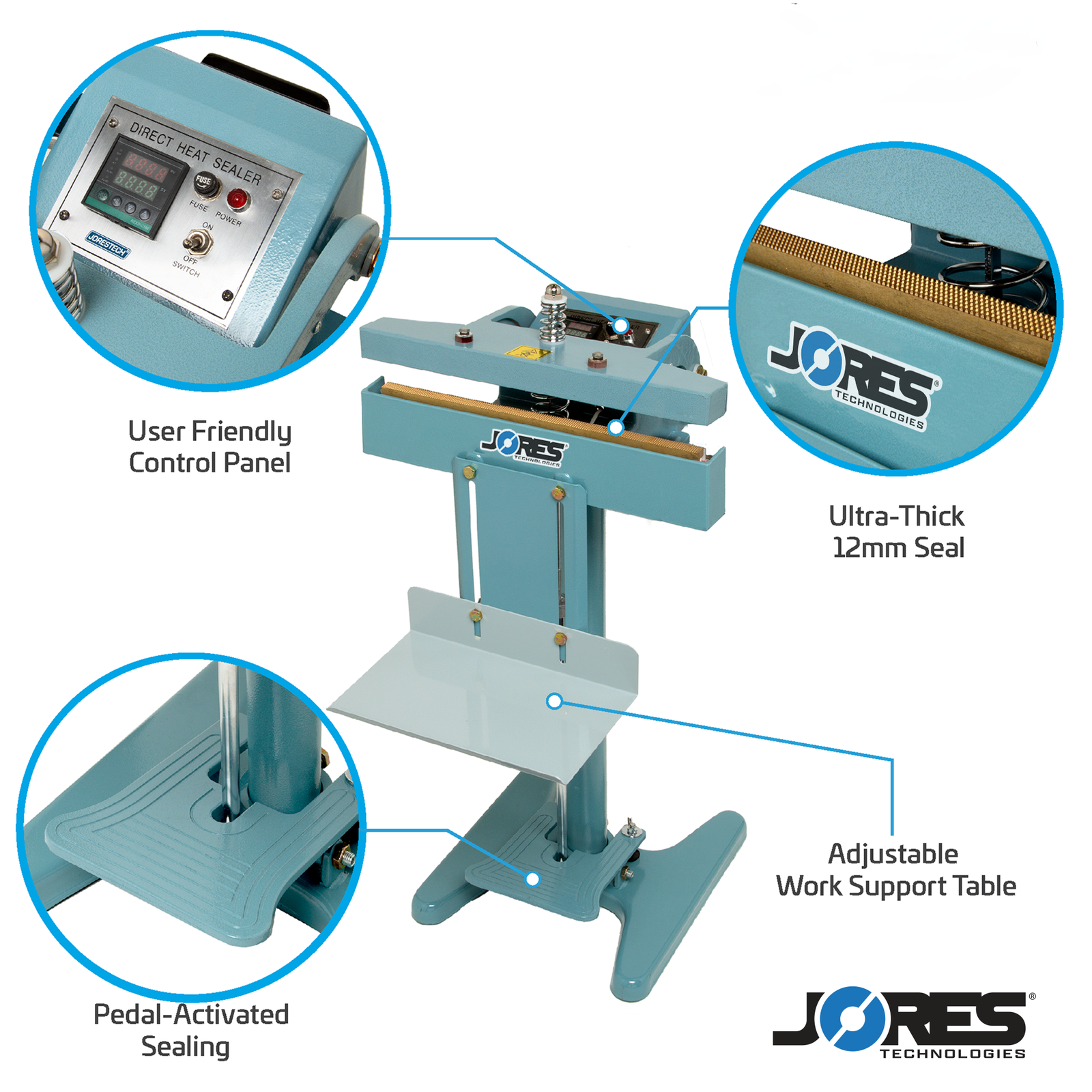 Constant foot impulse bag sealer with highlighted features:  User Friendly Control Panel, Adjustable Work Support Table, and Pedal-Activated Sealing. 