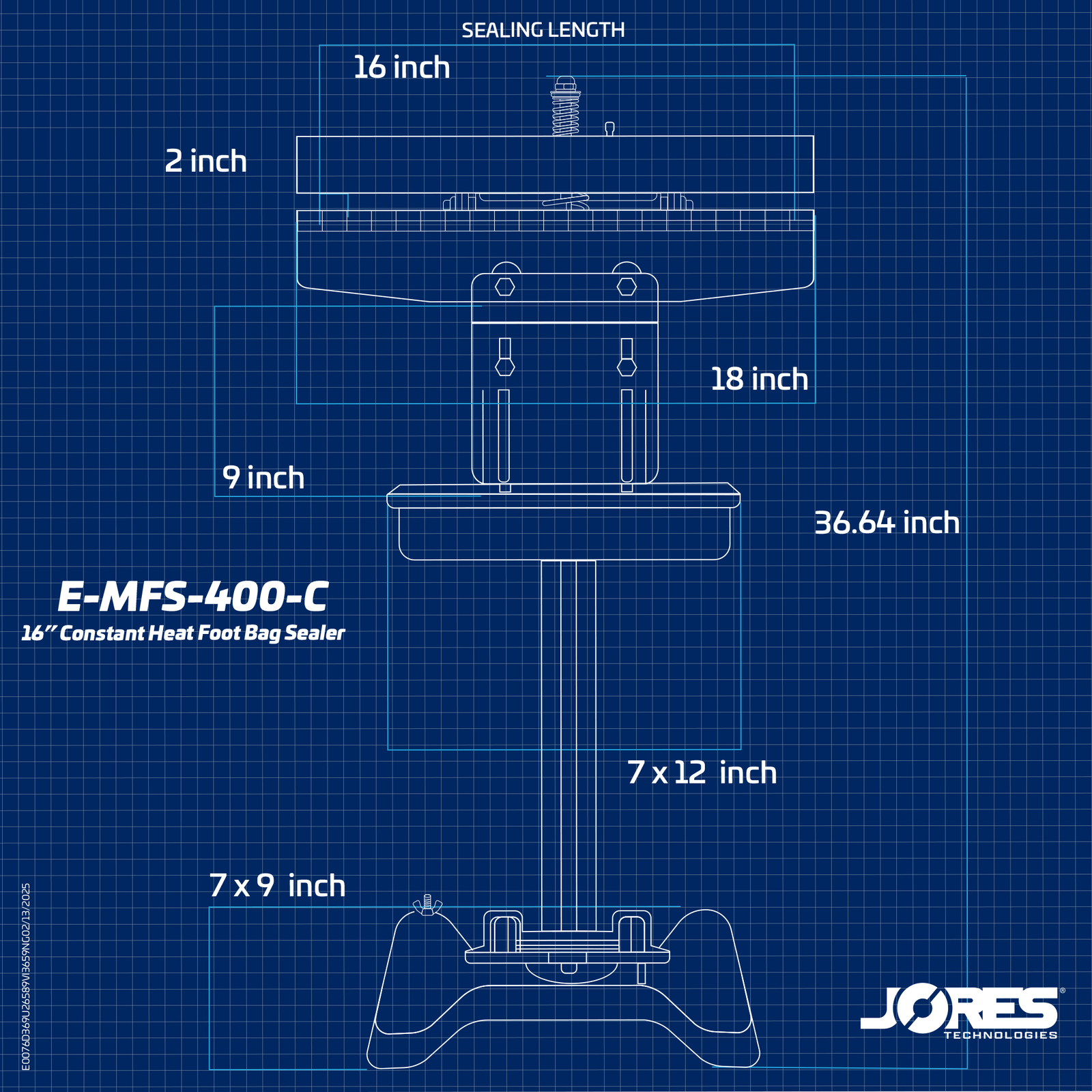 Shows measurements of a constant heat foot bag sealers. Seal length is 16 inches.