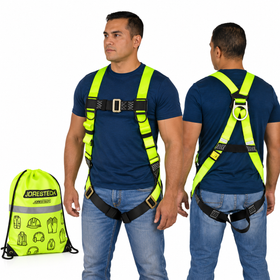 JORESTECH 1D Fall Protection Safety Body Harness model S-HARN-01 with ANSI-compliant high-visibility yellow reflective straps and a single dorsal back D-ring, displayed in front and back views alongside a hi-vis lime green drawstring storage bag.