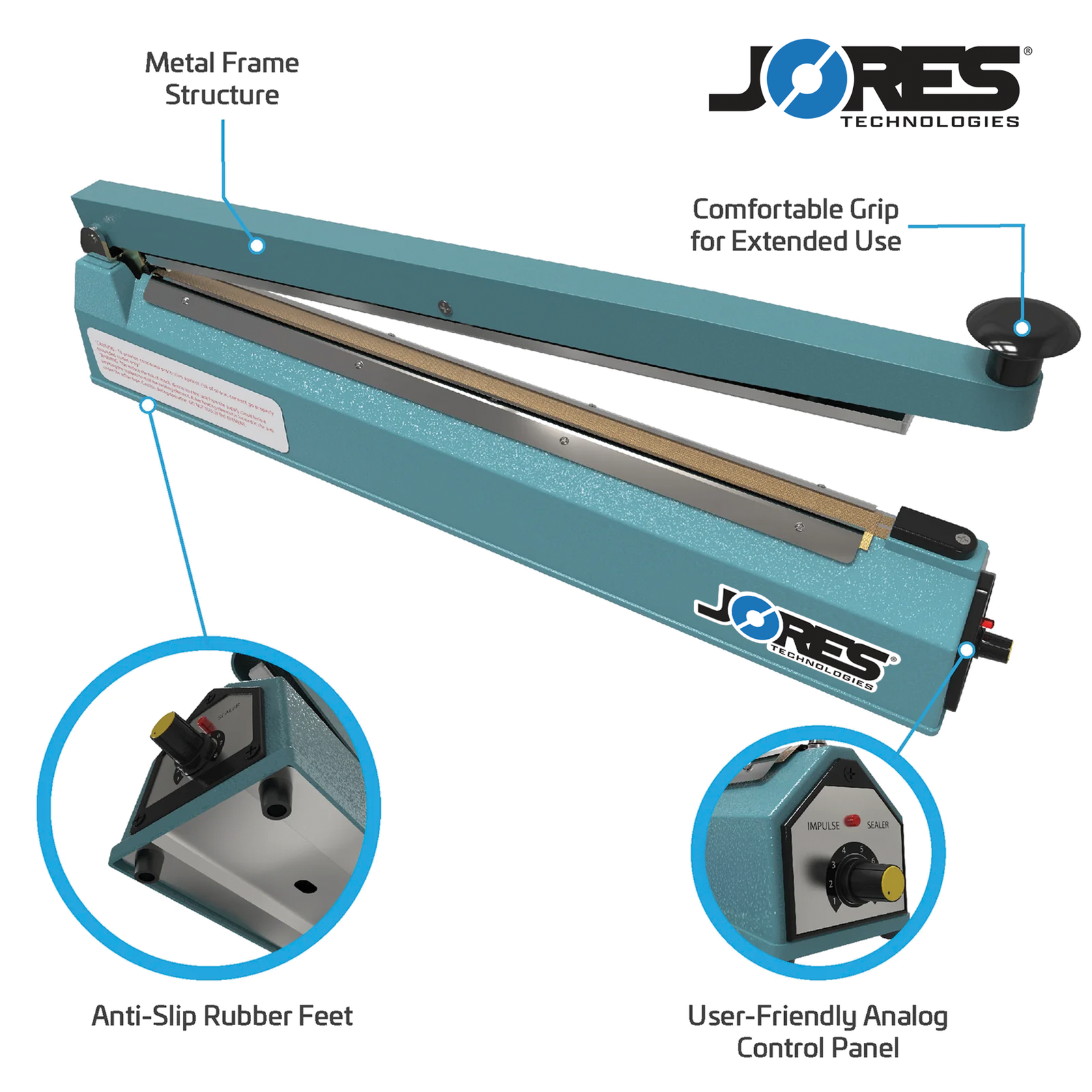 Manual impulse sealer over white background. Features include, Metal Frame Structure, Comfortable Grip for Extended Use, Anti-slip Rubber Feet, and User Friendly Analog Control Panel. Close-ups of rubber feet and control panel.