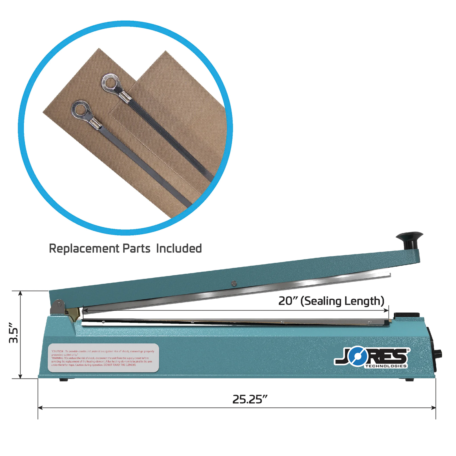 JORES TECHNOLOGIES® manual impulse sealer with machine measurements. Feature reads 