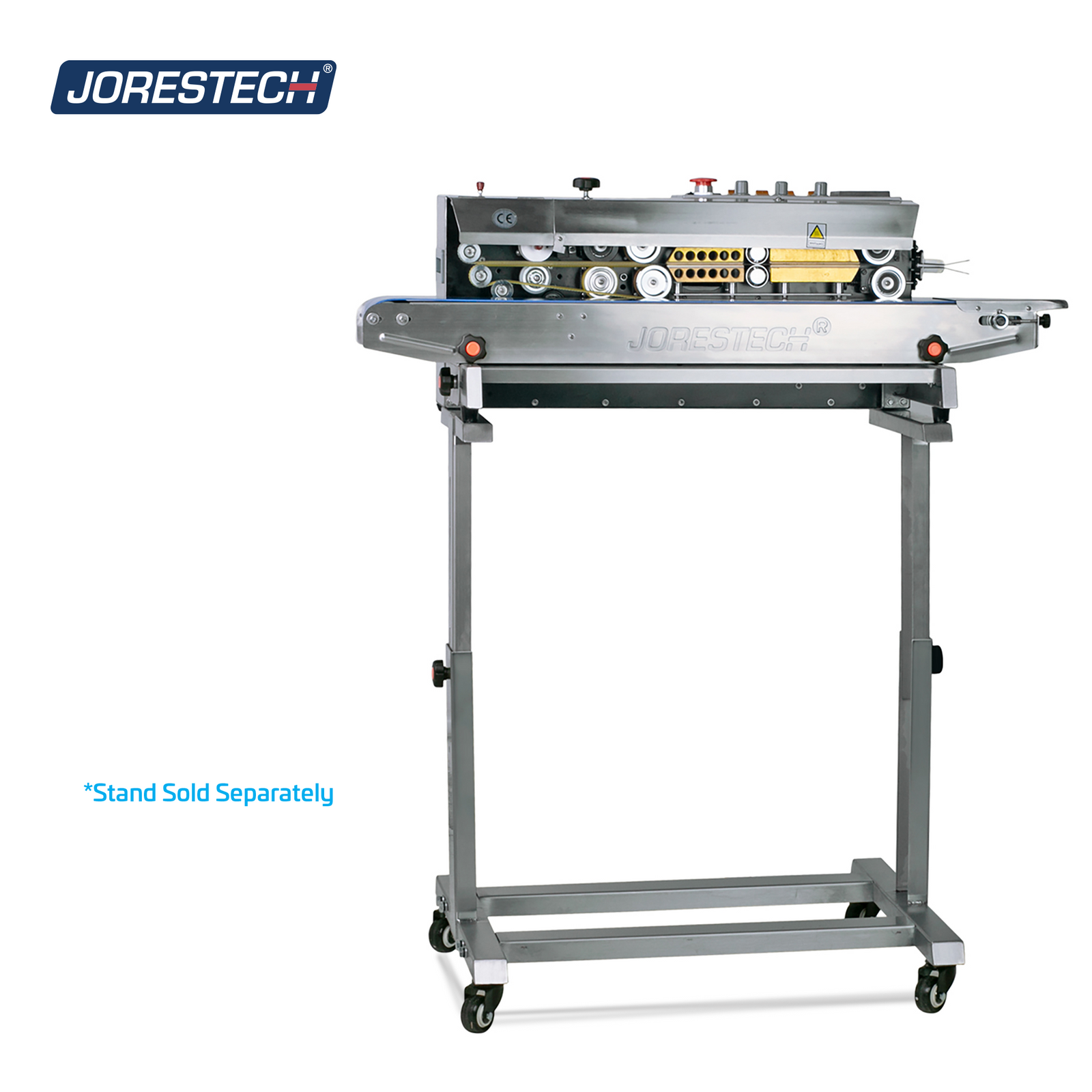 Stainless steel continuous band sealer with a stand. Text reads: stand sold separately.