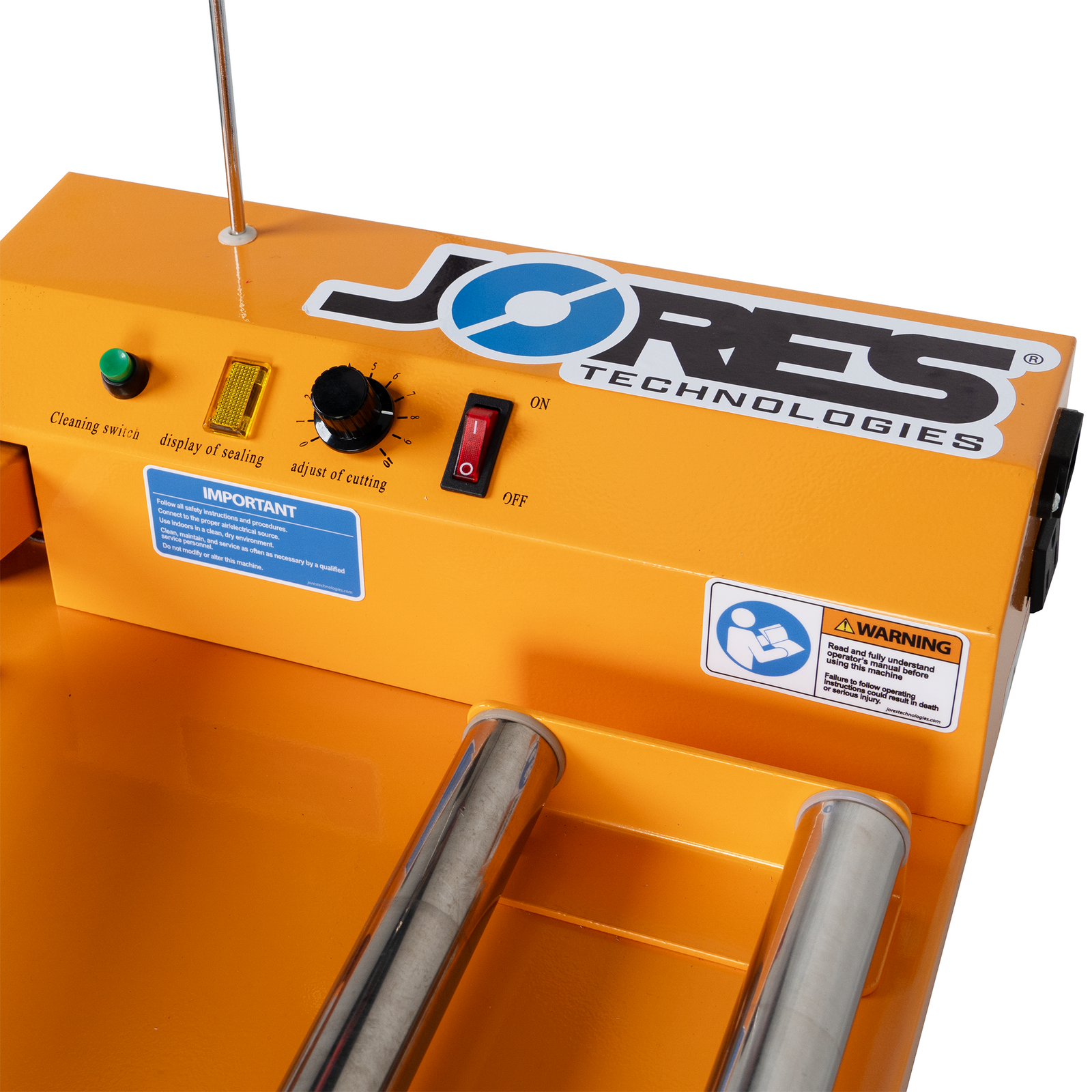 Close-up detail shot of a shrink sealer's control panel. Blue text on the bottom of the reads 