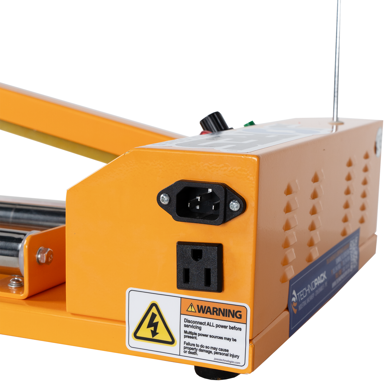Close up detail shot of two electrical sockets incorporated onto a JORES TECHNOLOGIES® shrink packaging film roll dispenser.