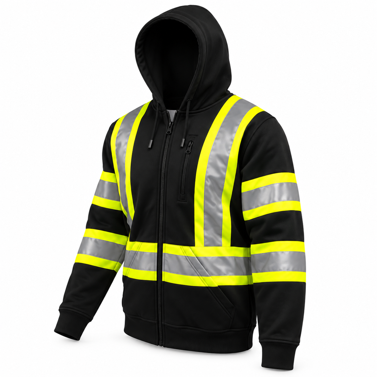 Diagonal view of the JORESTECH hi-vis safety hooded black and yellow sweatshirt with reflective stripes