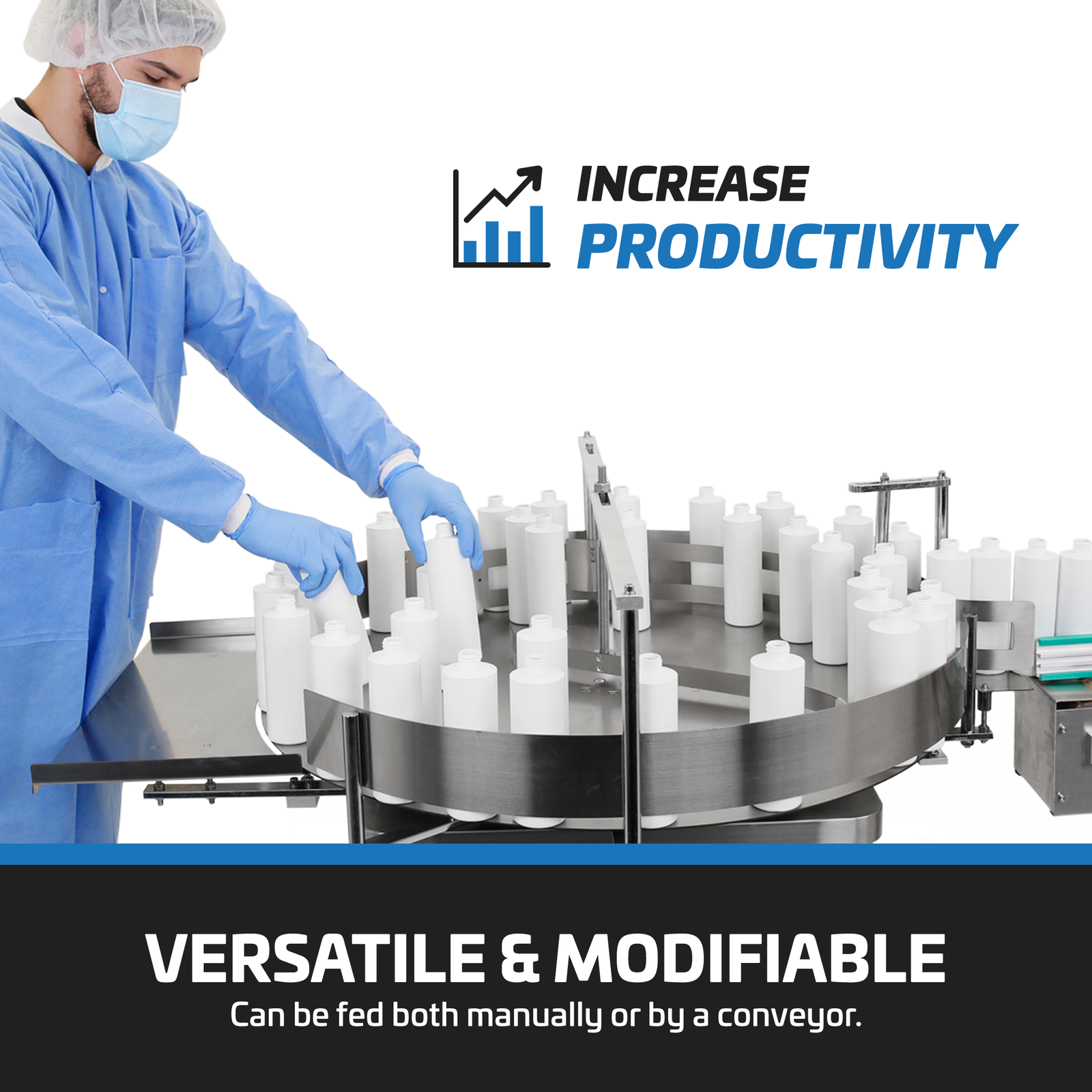 A worker placing a very large number of white bottles on top of the JORES TECHNOLOGIES® stainless steel rotary accumulation table and bottle unscrambler while it is in operation. Text says: Increase productivity and Versatile & modifiable. Can be fed both manually or by a motorized conveyor