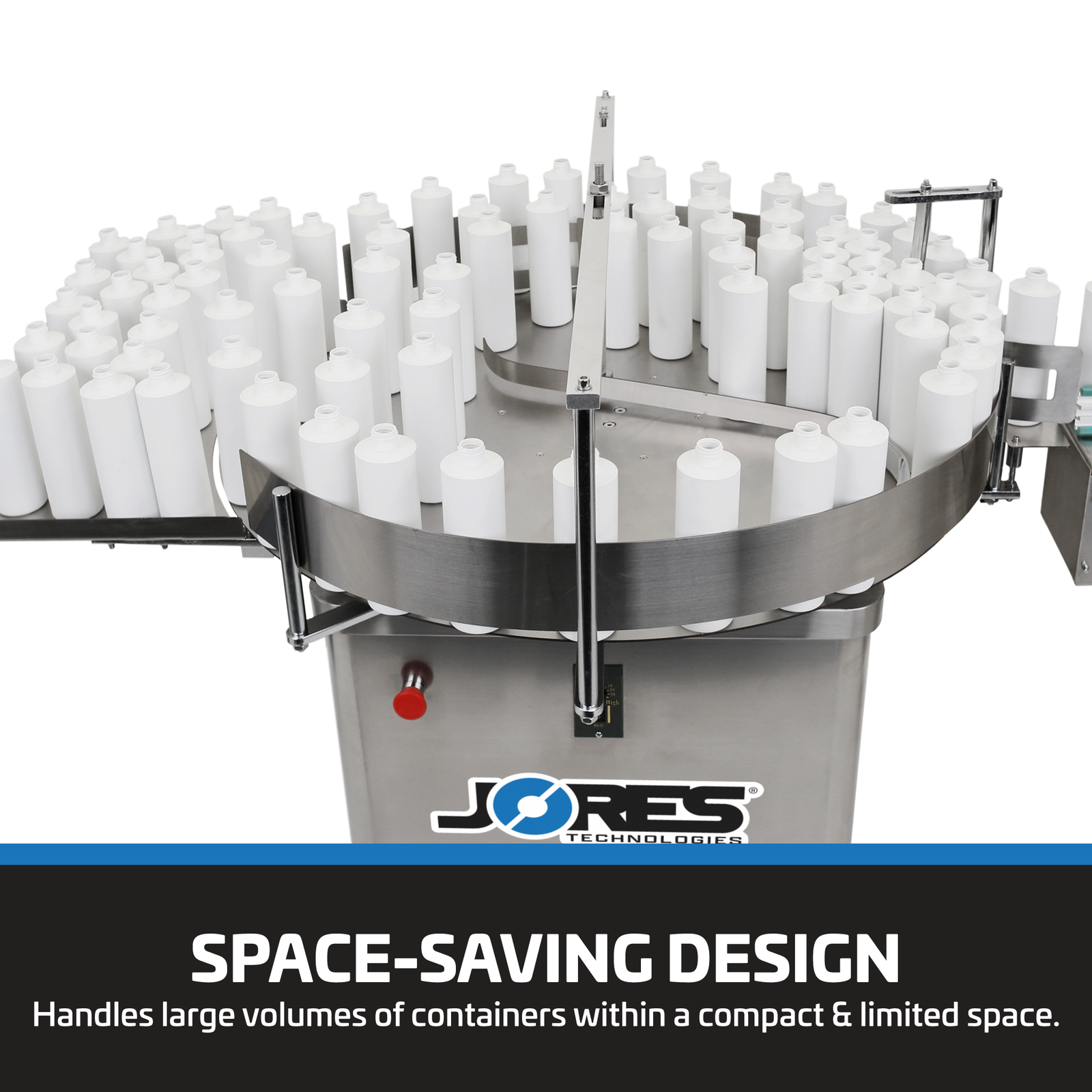 Top view of the 39 inch JORES TECHNOLOGIES® stainless steel rotary accumulation table and bottle unscrambler with a large number of white plastic bottles on top. Banner reads: Space Saving Design, handles large volumes of containers within a compact and limited space.