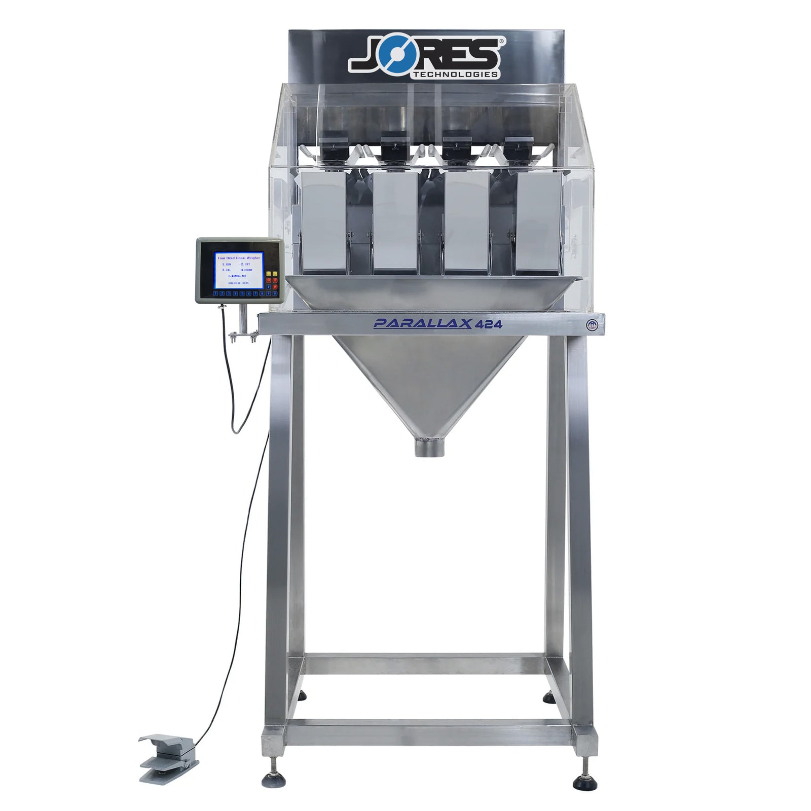The JORES TECHNOLOGIES® stainless steel 4-head linear weigher shown in a frontal view placed in its stand