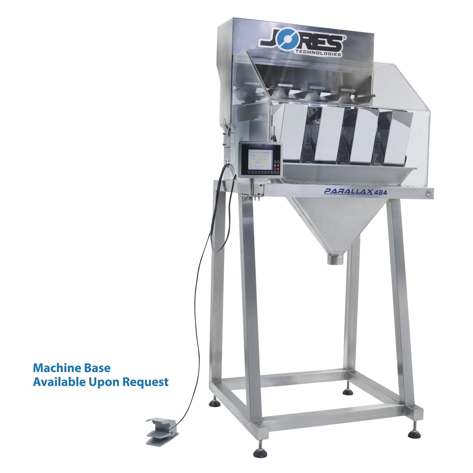 The JORES TECHNOLOGIES® stainless steel 4-head linear weigher shown in a frontal view placed in its stand which can be sold upon request