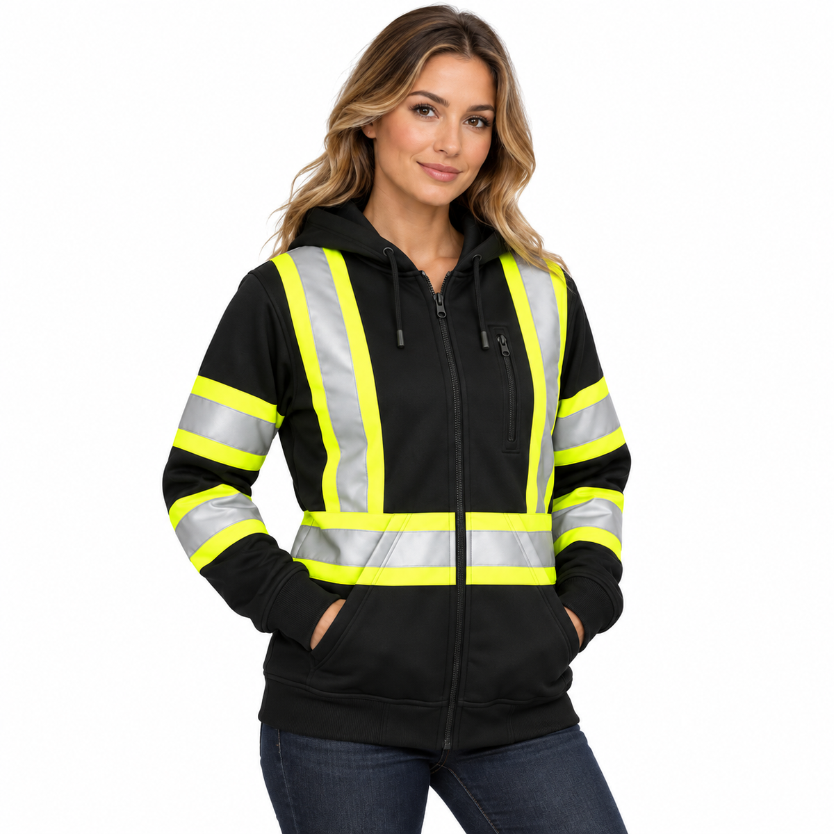 Black Hi-Vis Safety Hooded Sweatshirt with Reflective Stripes