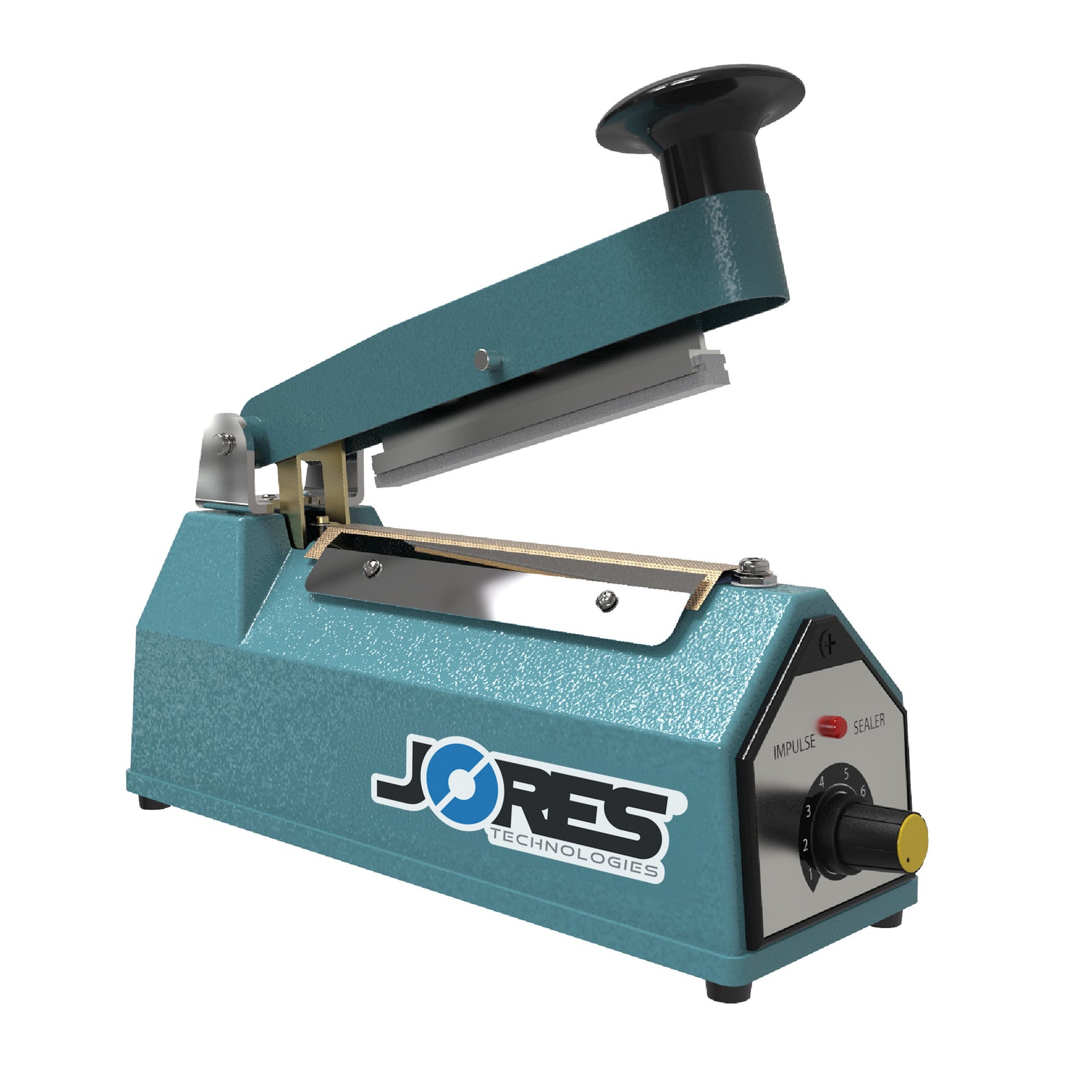 4 Inch manual impulse sealer machine. Bag sealing machine is shown with open jaw and JORES TECHNOLOGIES® logo