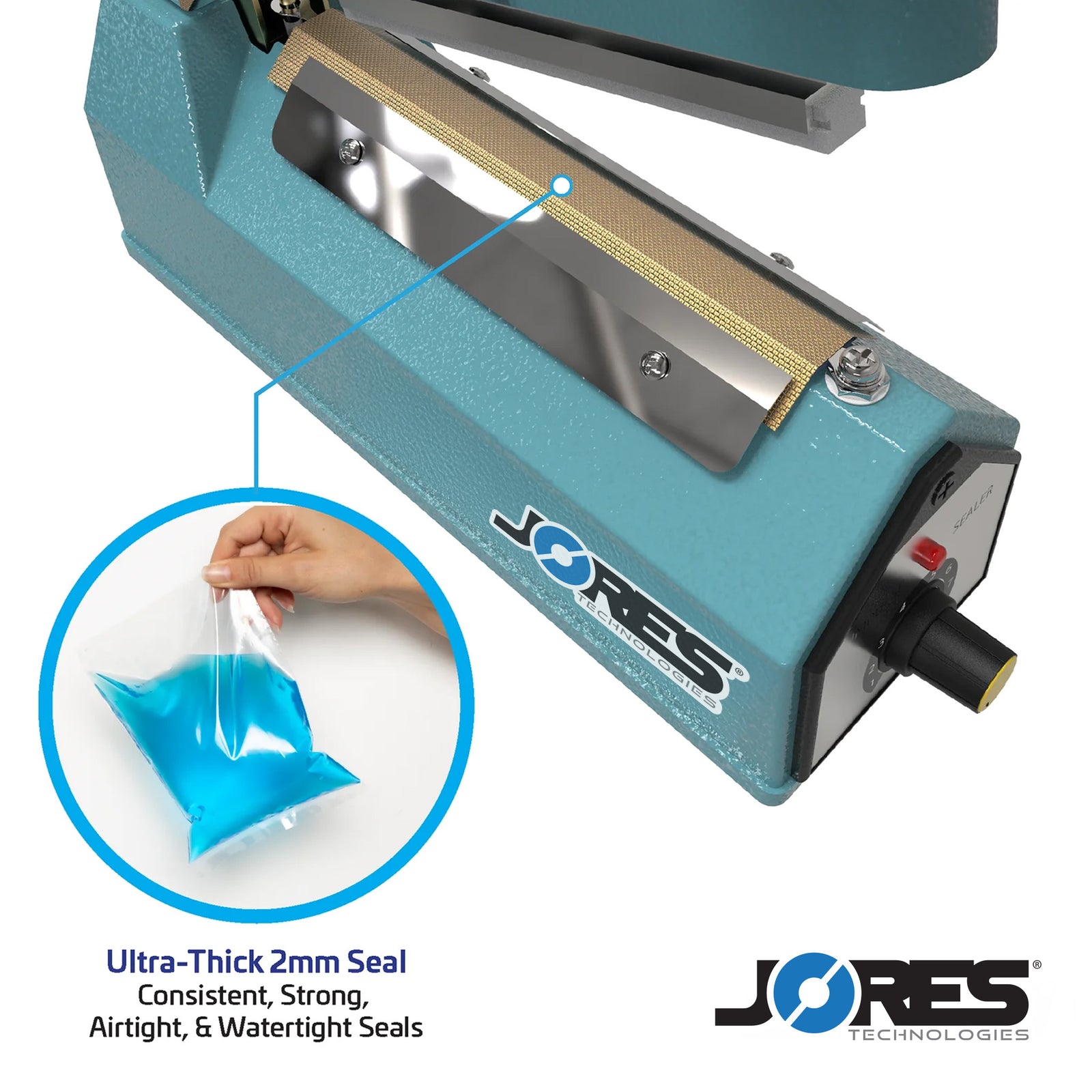 JORES TECHNOLOGIES® 4 inch manual impulse sealer over white background. Close up of the sealing element. Highlighted feature reads 