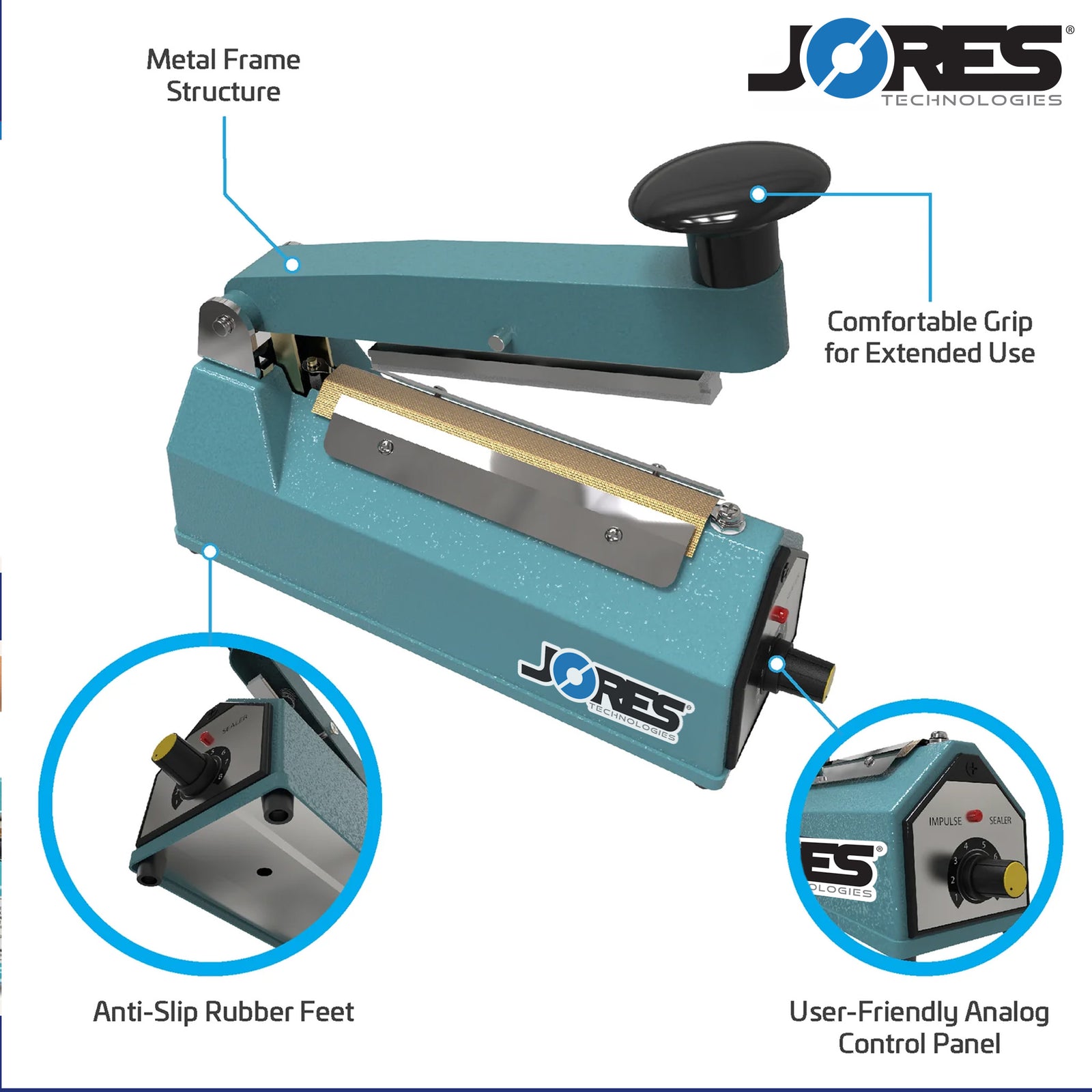 Blue manual impulse sealer. Features include, Metal Frame Structure, Comfortable Grip for Extended Use, Anti-slip Rubber Feet, and User Friendly Analog Control Panel. Close-ups of rubber feet and control panel