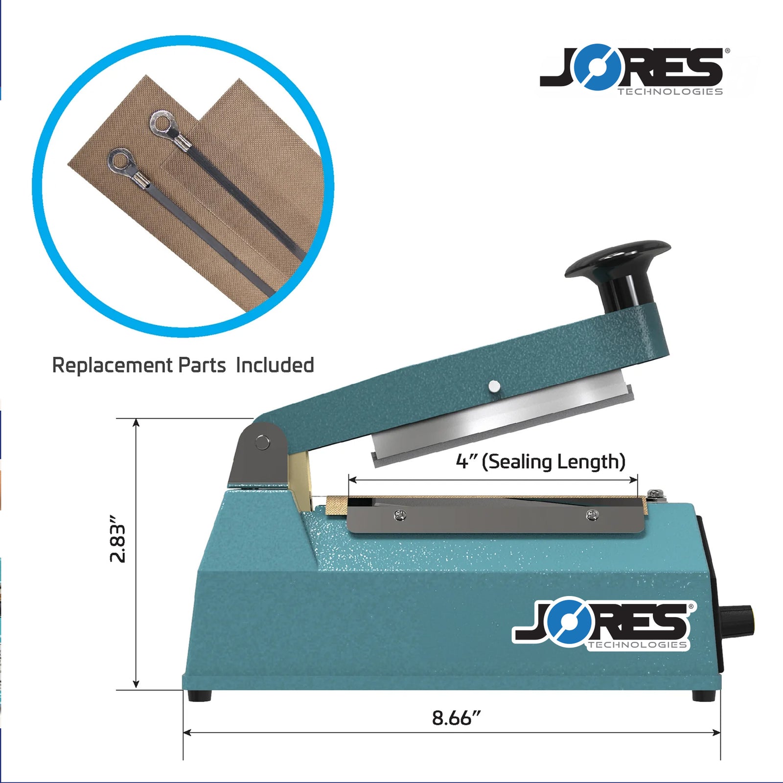 Infographic shows blue JORES TECHNOLOGIES® manual impulse sealer with machine measurements. Highlighted feature reads 