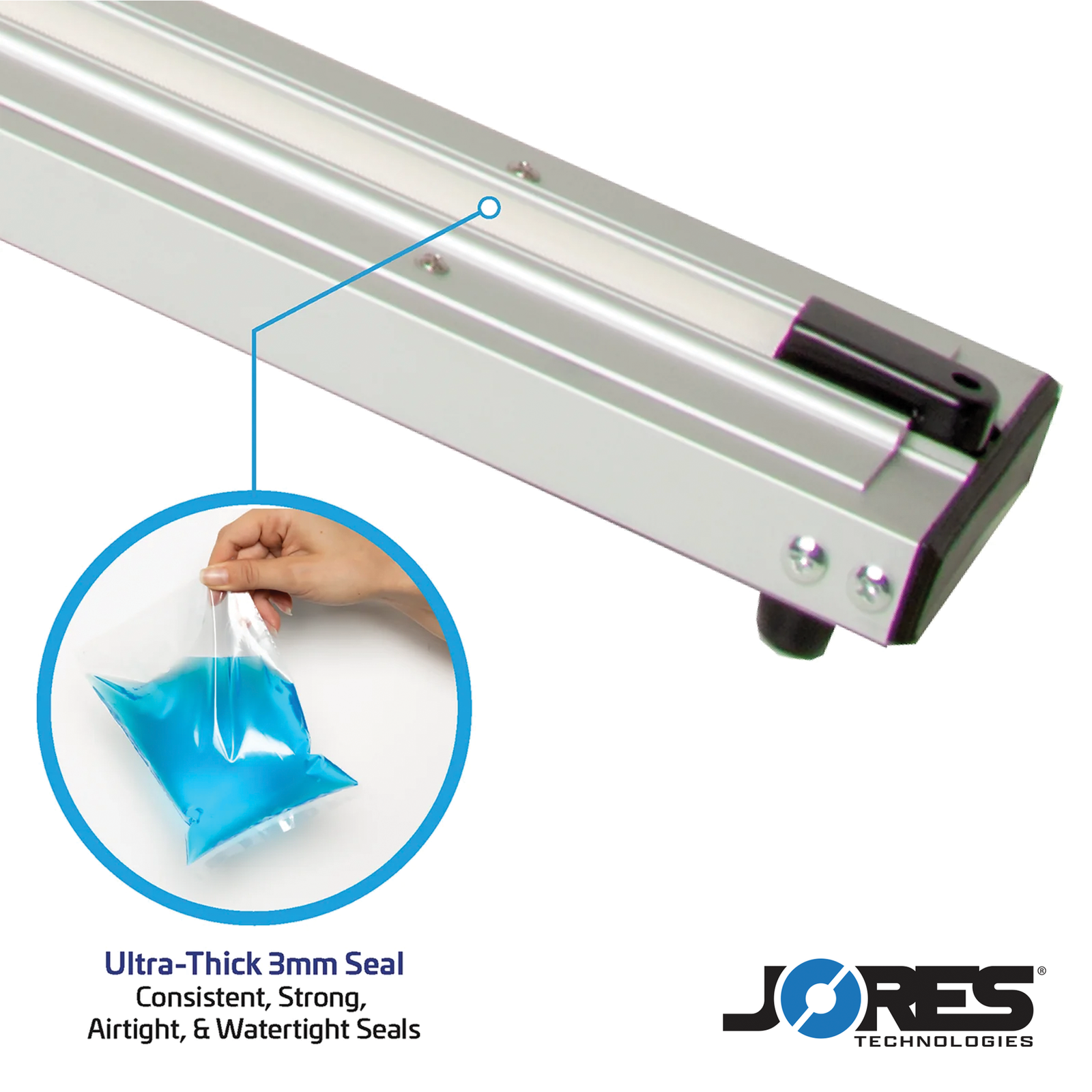 The heating element of the 40 inch manual sealing machine. Highlighted feature reads “ultra-thick 3 mm seal, consistent, strong, airtight and watertight seals”. A sealed bag with blue liquid