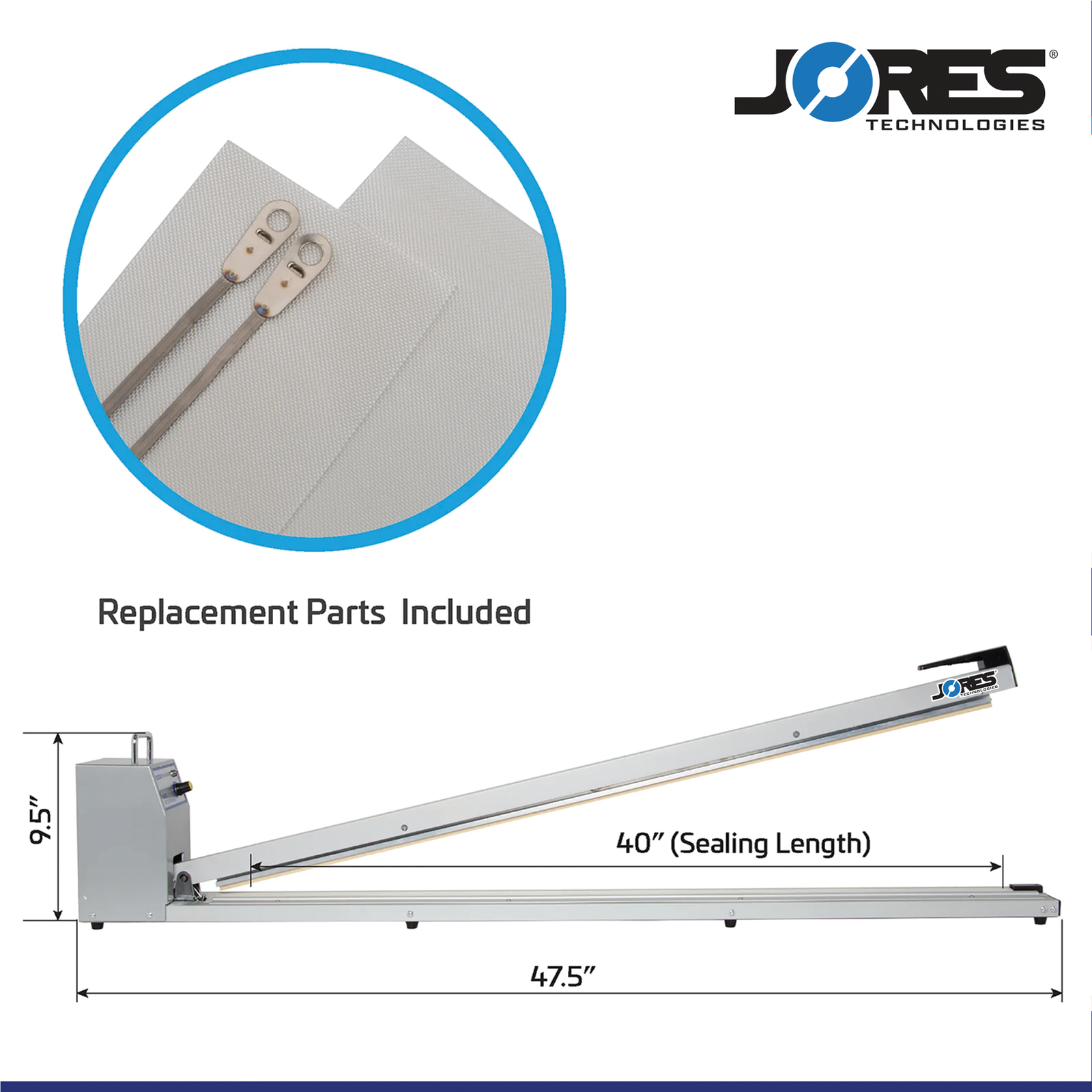 JORES TECHNOLOGIES® long manual impulse bag sealer with machine measurements. Feature read: 