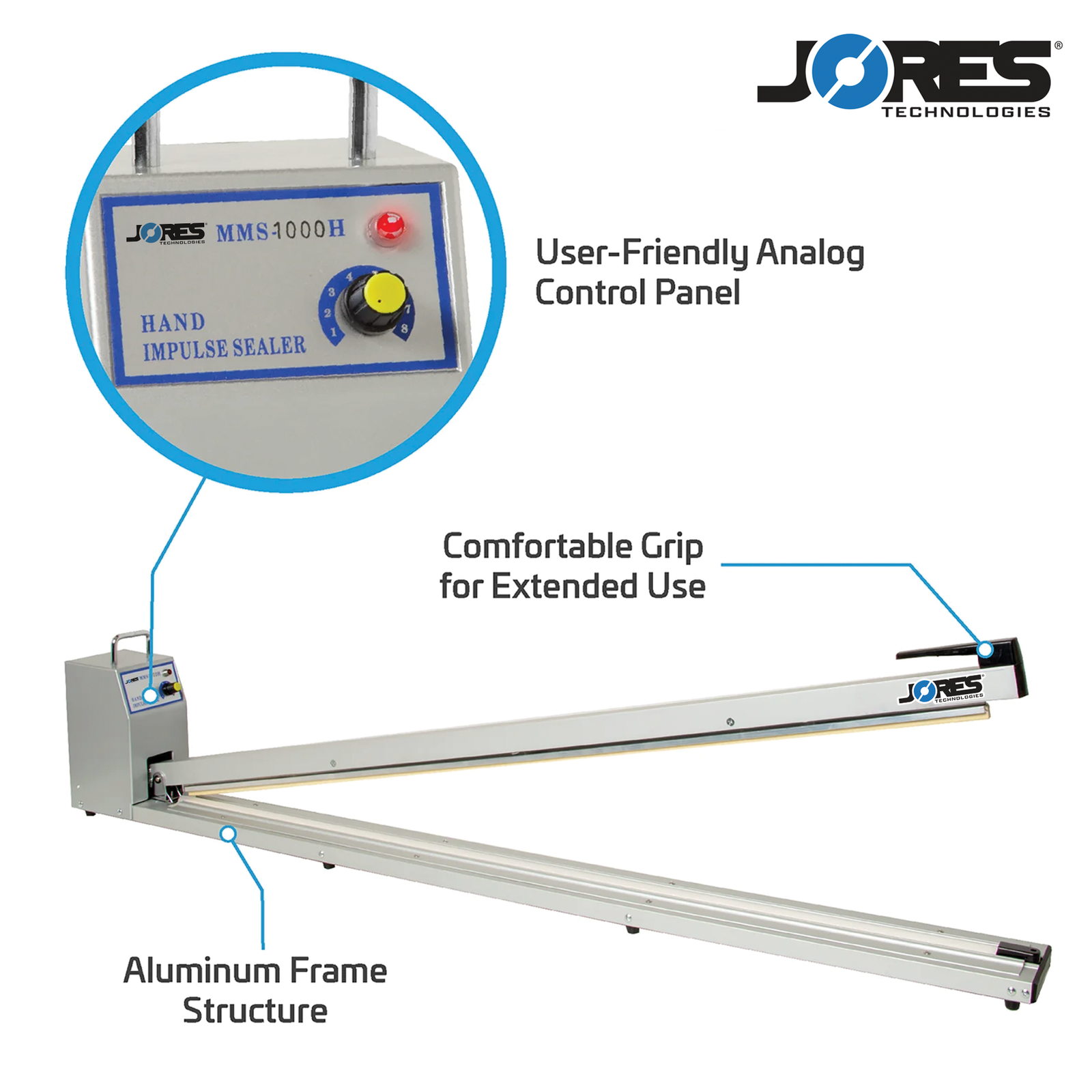 40 inch manual bag impulse heat sealer. Features include, aluminum frame structure, user friendly analog control panel, and comfortable grip for extended use. Close-ups of the control panel