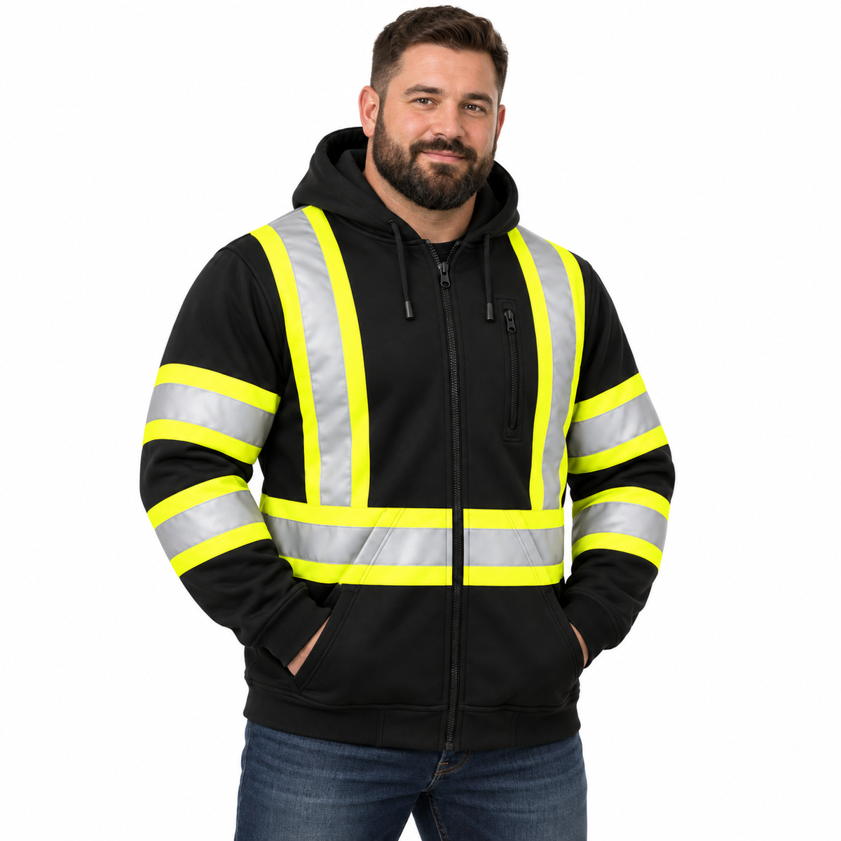 Black Hi-Vis Safety Hooded Sweatshirt with Reflective Stripes