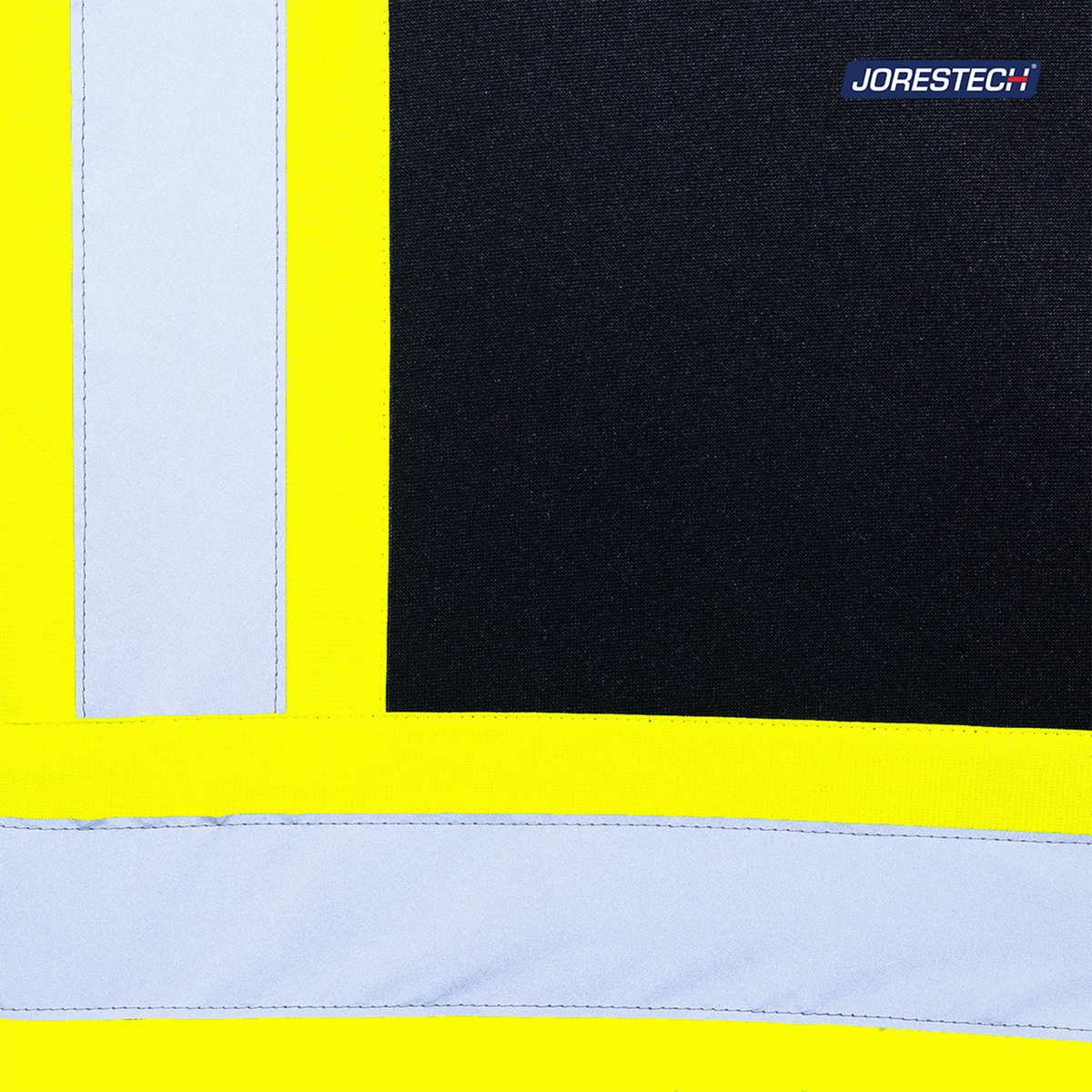• Fabric detail of Jorestech black safety work hoodie, highlighting the high-contrast neon yellow-bordered silver reflective safety tape and brand logo.
