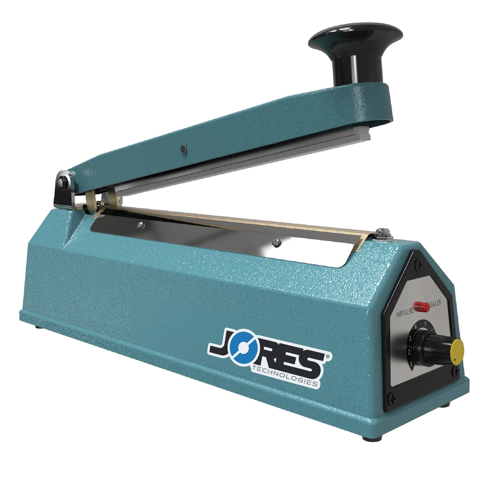 8 inch manual impulse bag sealer machine. Heat sealing machine has an open jaw and JORES TECHNOLOGIES® logo