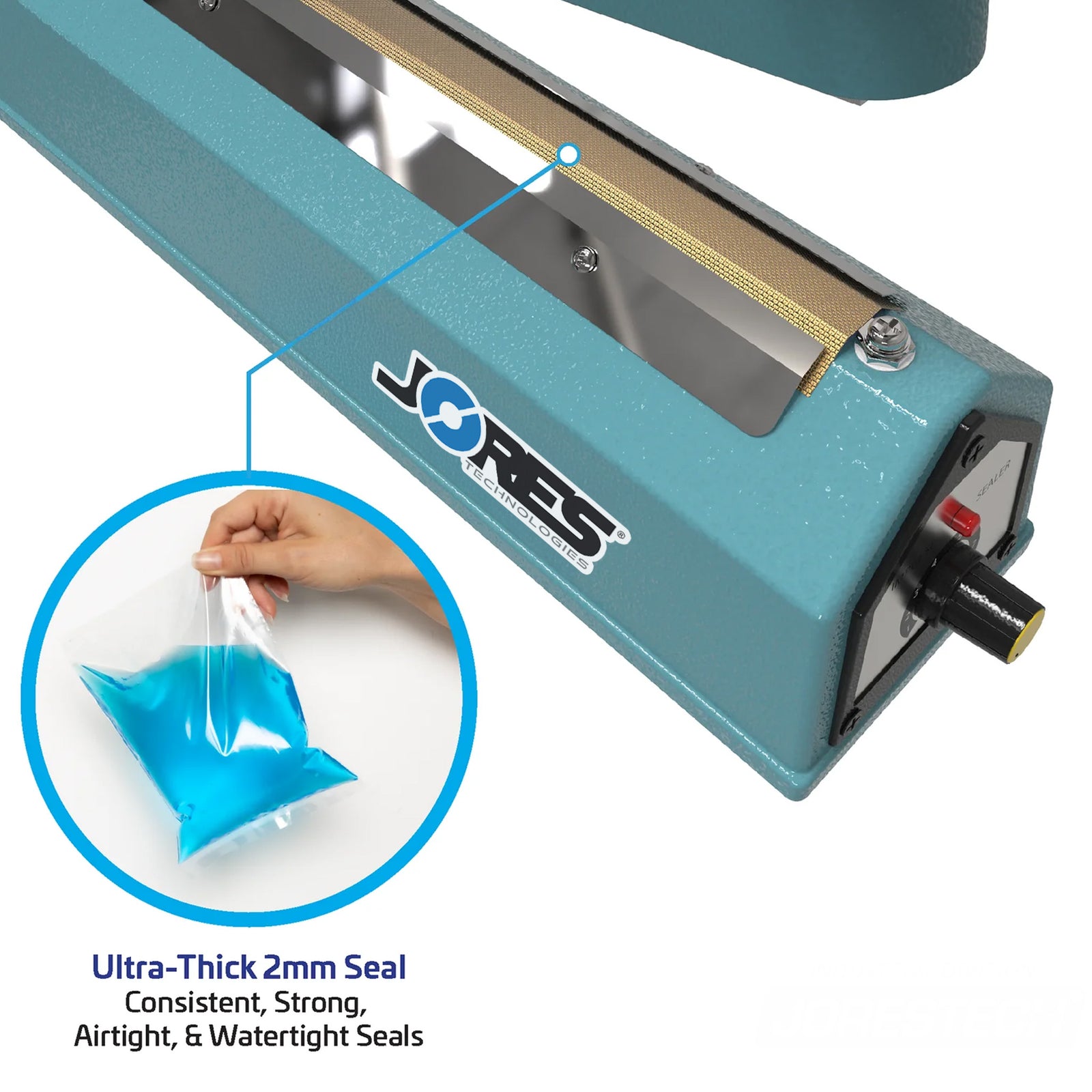 JORES TECHNOLOGIES® manual impulse sealer over white background. Close up of the sealing element. Highlighted feature reads 