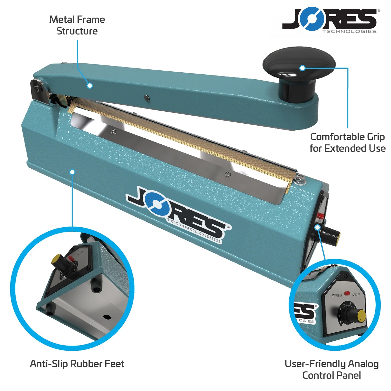 The 8 inch manual impulse sealer. Features include, Metal Frame Structure, Comfortable Grip for Extended Use, Anti-slip Rubber Feet, and User Friendly Analog Control Panel. Zoom in close-ups of rubber feet and control panel.