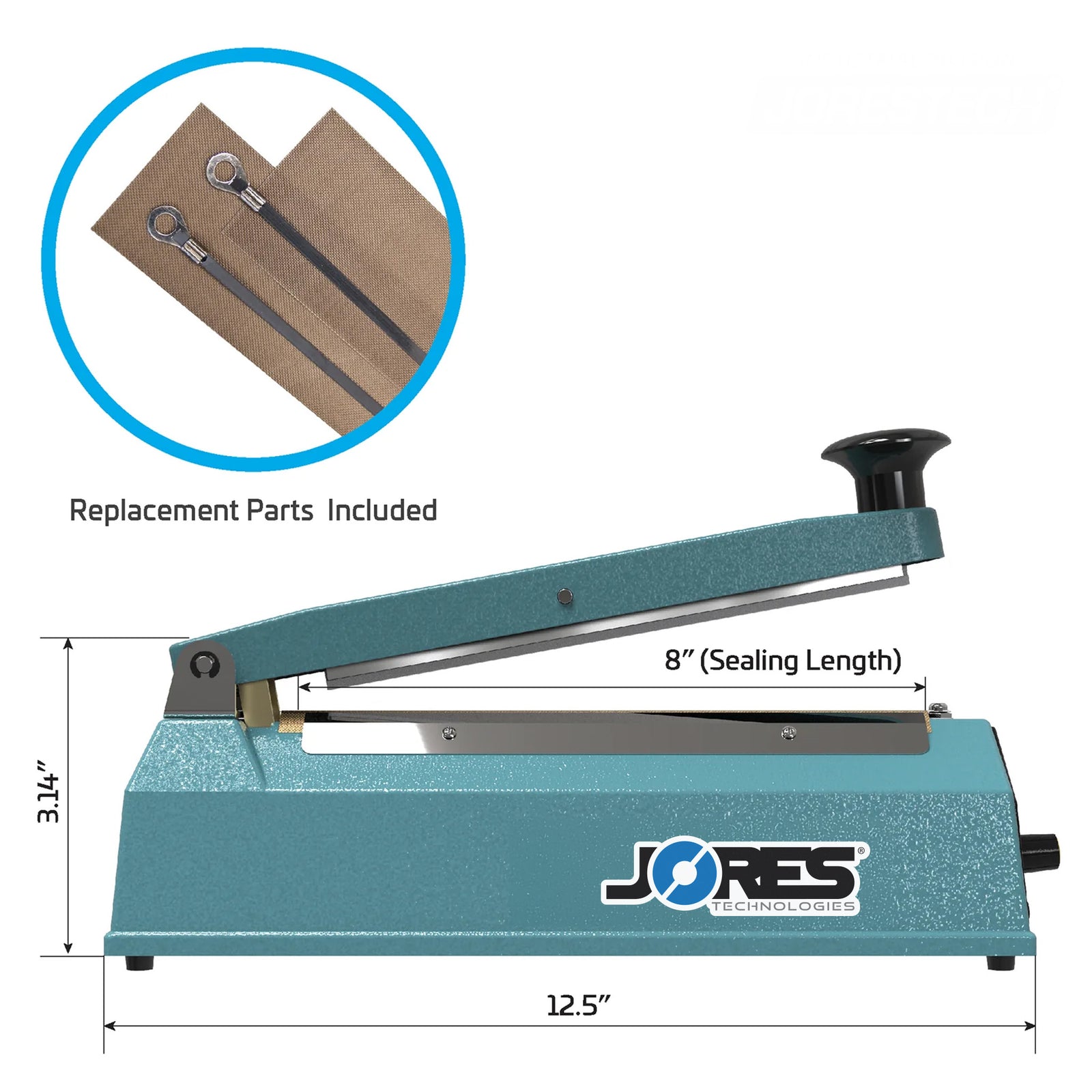 Infographic shows blue JORES TECHNOLOGIES® manual impulse sealer with machine measurements. Highlighted feature reads 