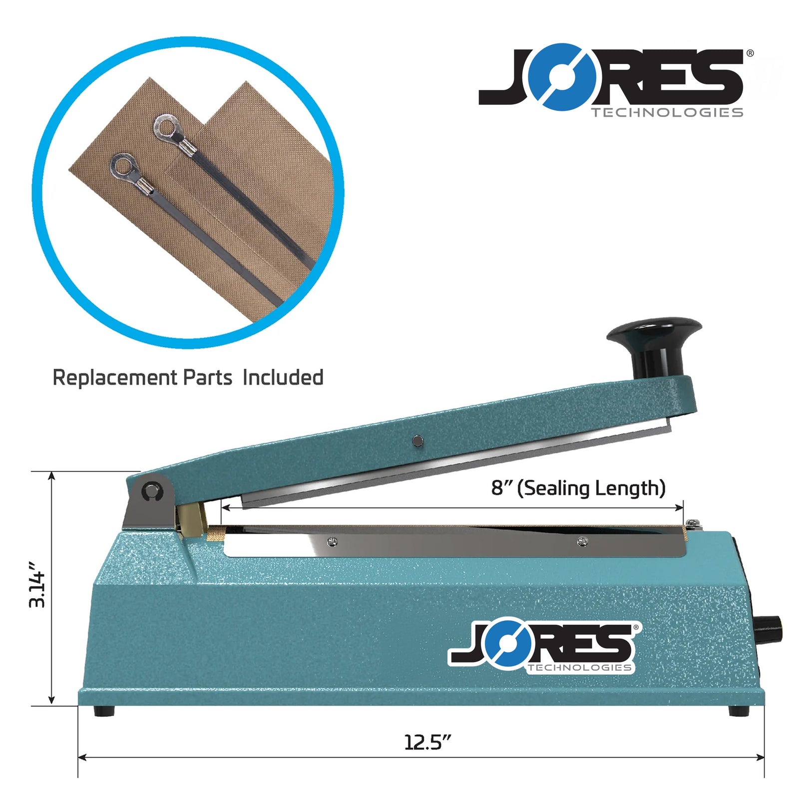 JORES TECHNOLOGIES® manual impulse sealer with machine measurements. Highlighted feature reads 