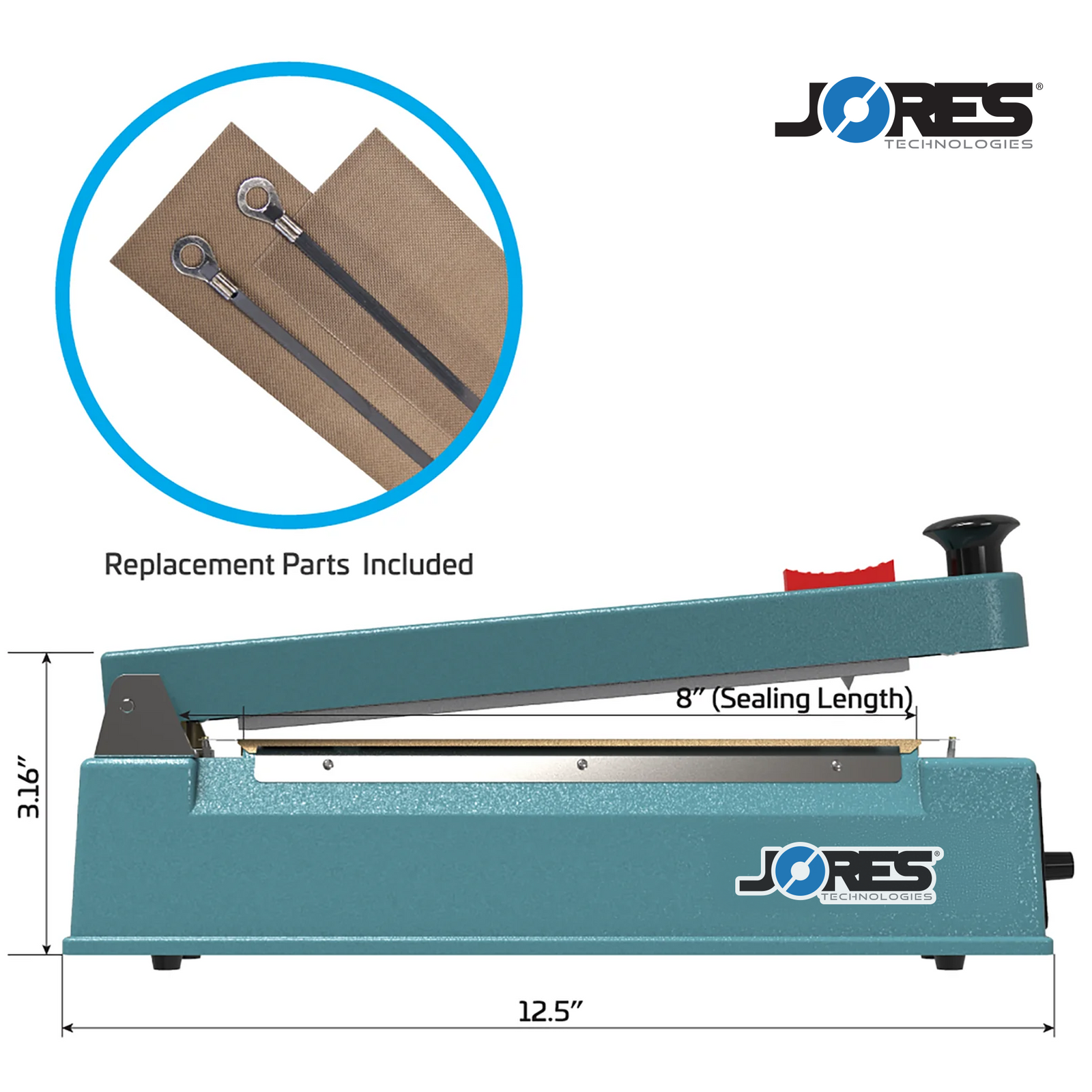 JORES TECHNOLOGIES® manual impulse sealer with cutter. Feature reads 