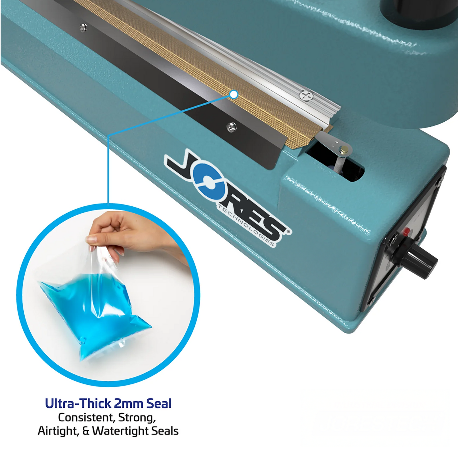 Manual heat impulse sealer. Close up of the sealing element. Feature read 
