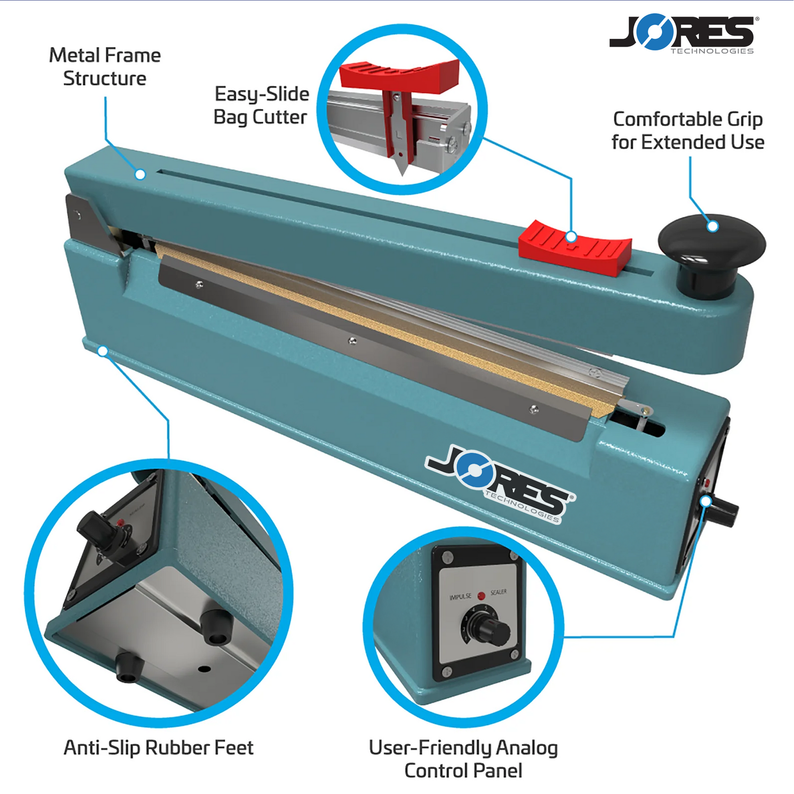 Manual impulse heat sealer. Features include, Metal Frame Structure, Easy-slide bag cutter, Comfortable Grip for Extended Use, Anti-slip Rubber Feet, and User Friendly Analog Control Panel. Close-ups of rubber feet and control panel