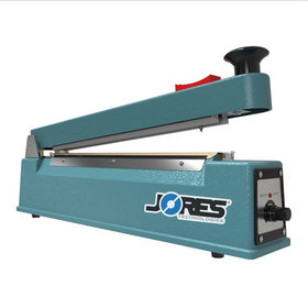 8 inch manual bag sealing machine. Heat sealing machine has an open jaw and JORES TECHNOLOGIES® logo
