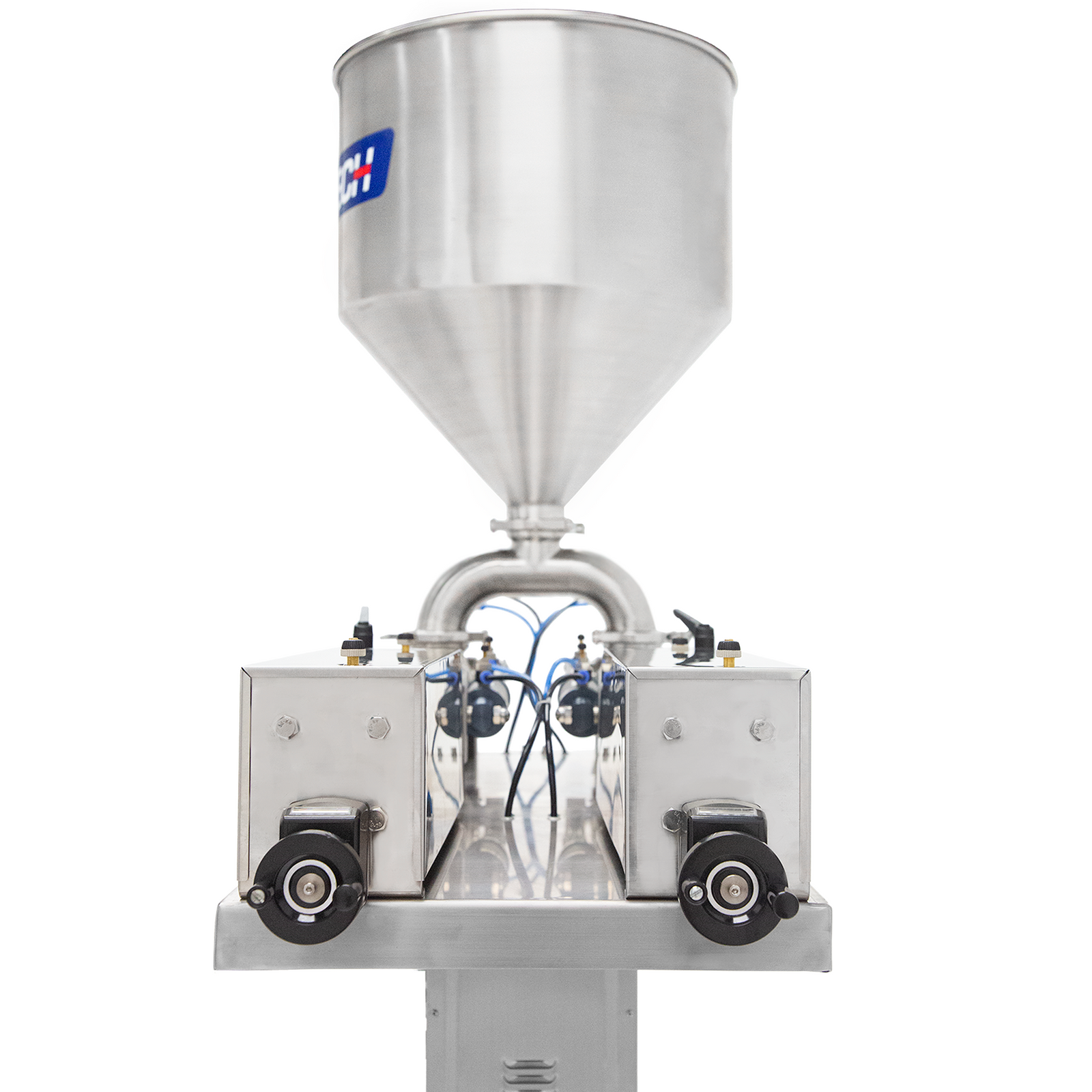 Close up shows detail of the two fill volume adjusters and high capacity hopper of a volumetric dual head high viscosity piston filler by JORES TECHNOLOGIES®