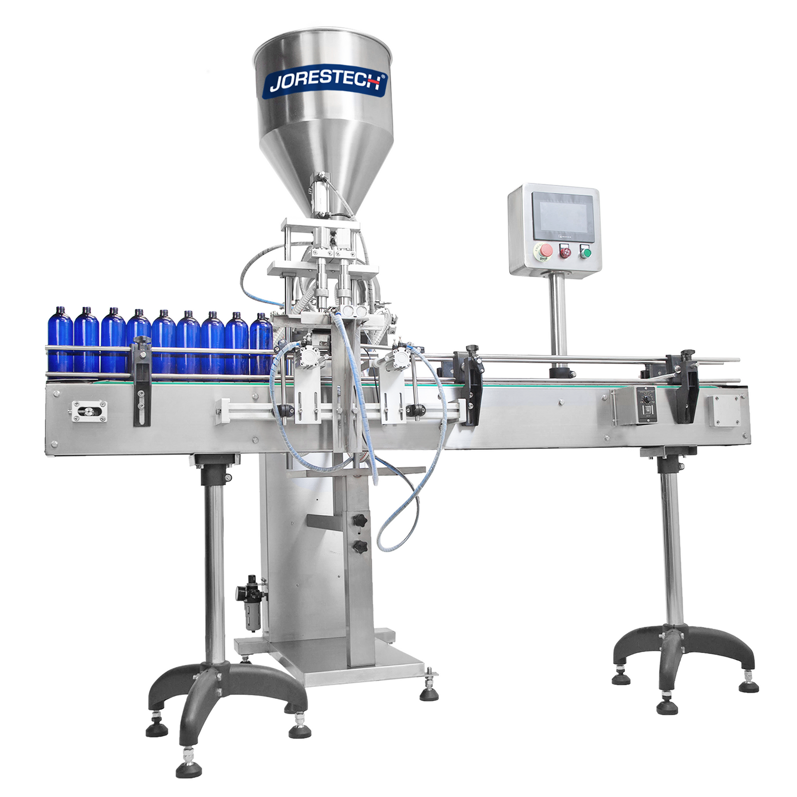 316 and 304 Stainless steel automatic dual head high viscosity paste piston filler in combination with a motorized conveyor by JORES TECHNOLOGIES®.Blue bottles are positioned on top of the conveyor and are being filled with a liquid.