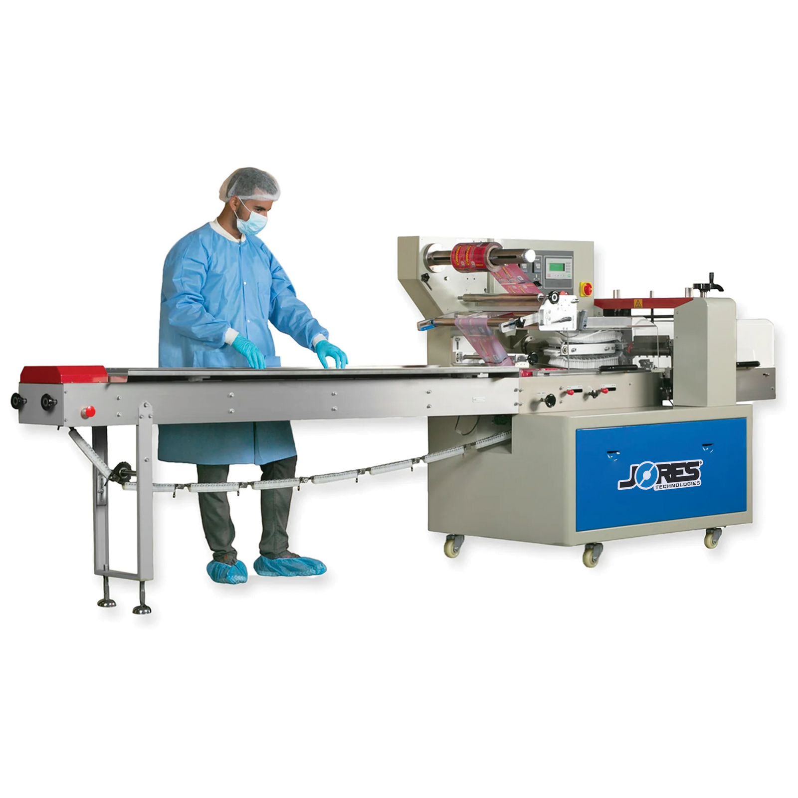 Operator dressed in a blue full PPE suit is placing products on the chain conveyor of a horizontal flow wrapping machine from JORES TECHNOLOGIES®