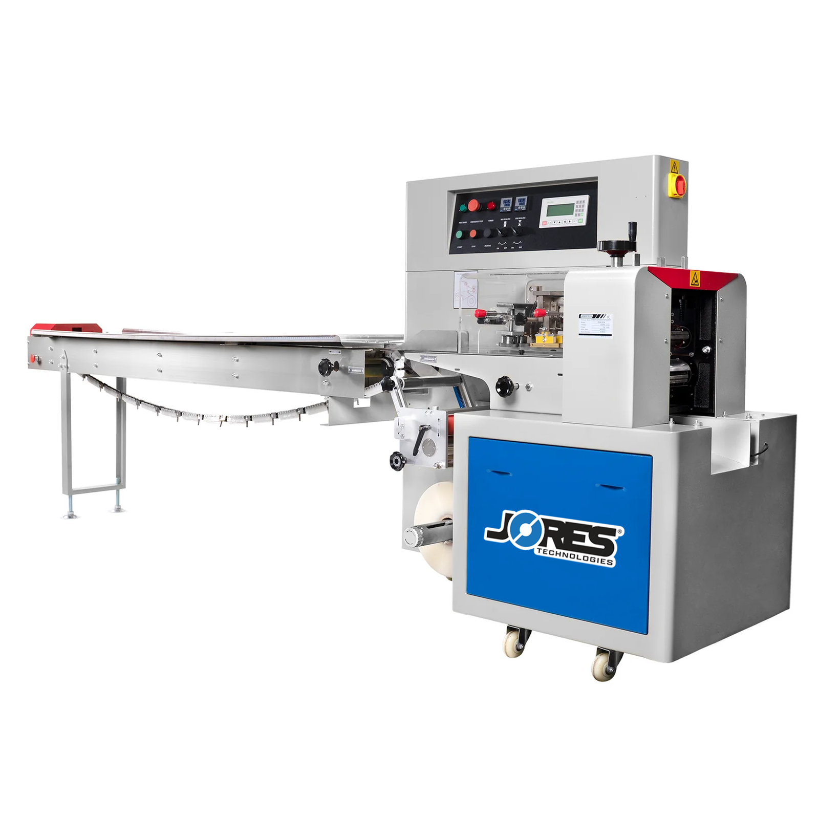 Automatic horizontal flow wrapping machine with inverted film feeder for pillow bags