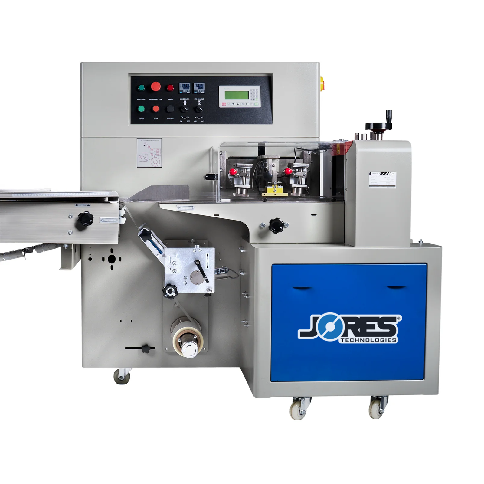 Automatic horizontal flow wrapping machine with inverted film feeder and conveyor by JORES TECHNOLOGIES®