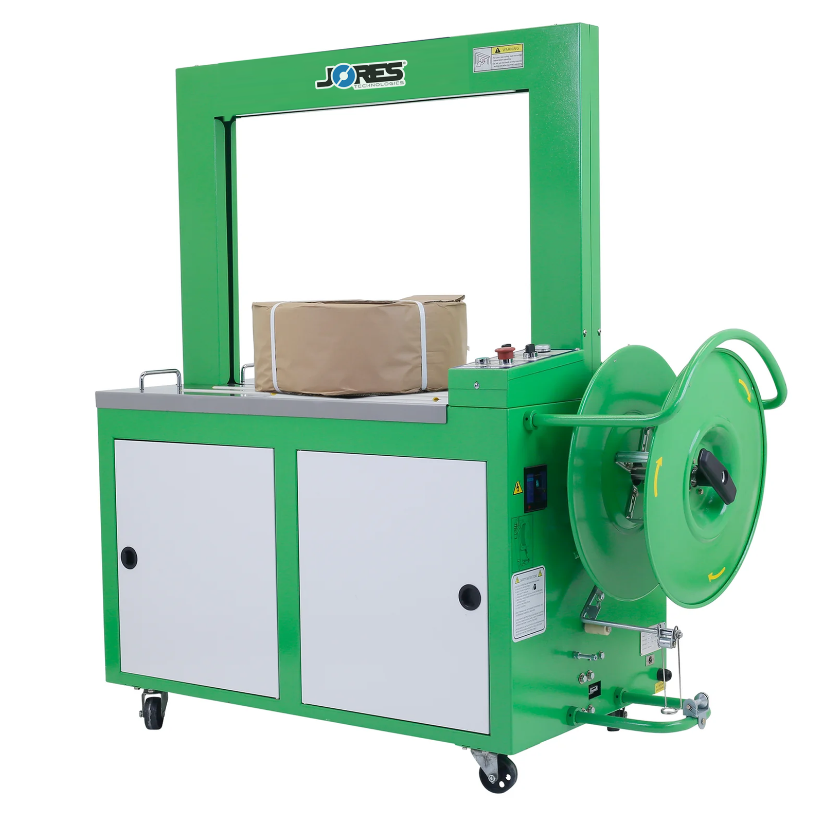 A green and gray JORES TECHNOLOGIES® Automatic Poly Strapping Machine with a roll of strap installed in the dispenser. The machine is strapping an item of a cylindrical shape