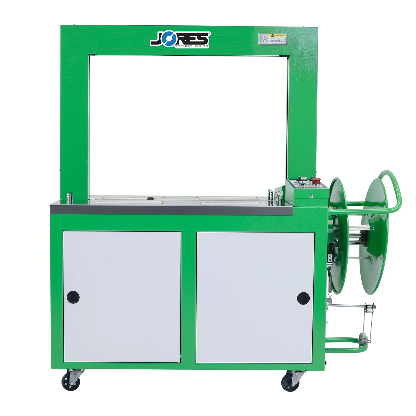 Front of a green and gray JORES TECHNOLOGIES® automatic poly strapping machine with no strap installed