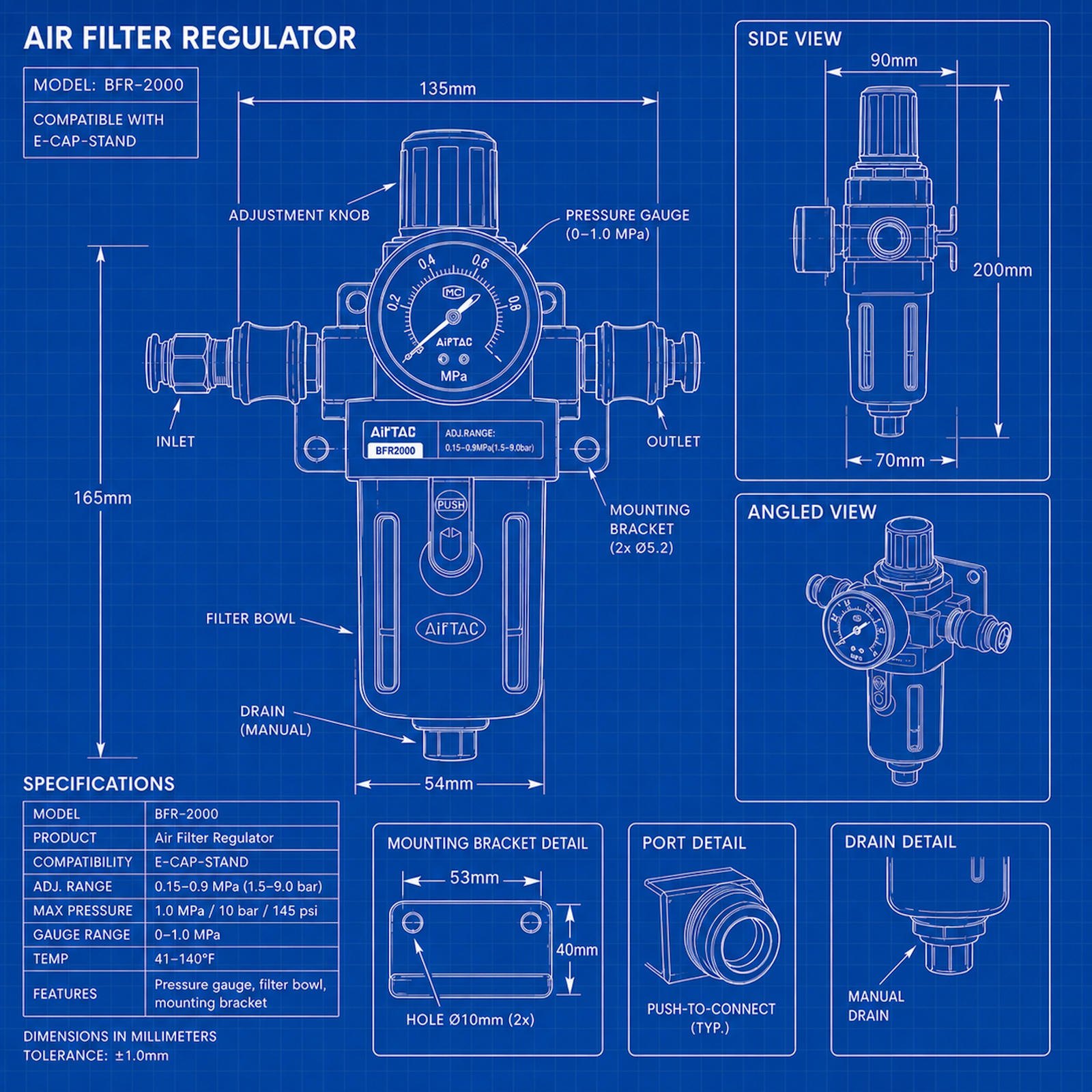 Air Filter Regulator BFR-2000 with Pressure Gauge for E-CAP-STAND