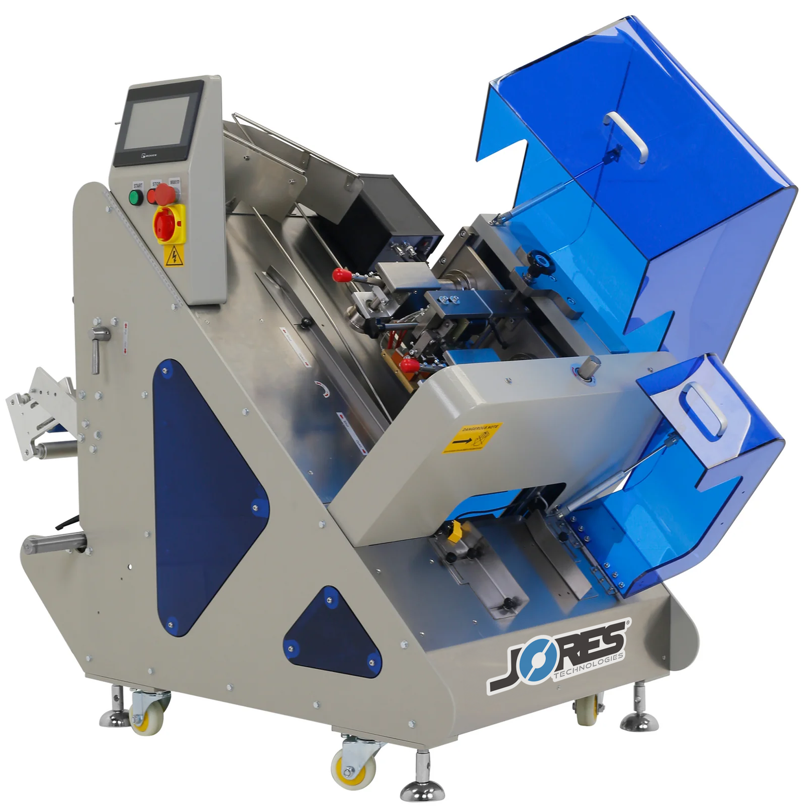 Gray powder coated automatic inclined JORES TECHNOLOGIES® flow wrapper. 2 Blue acrylic doors of the machine are open to show the form sealing mechanism