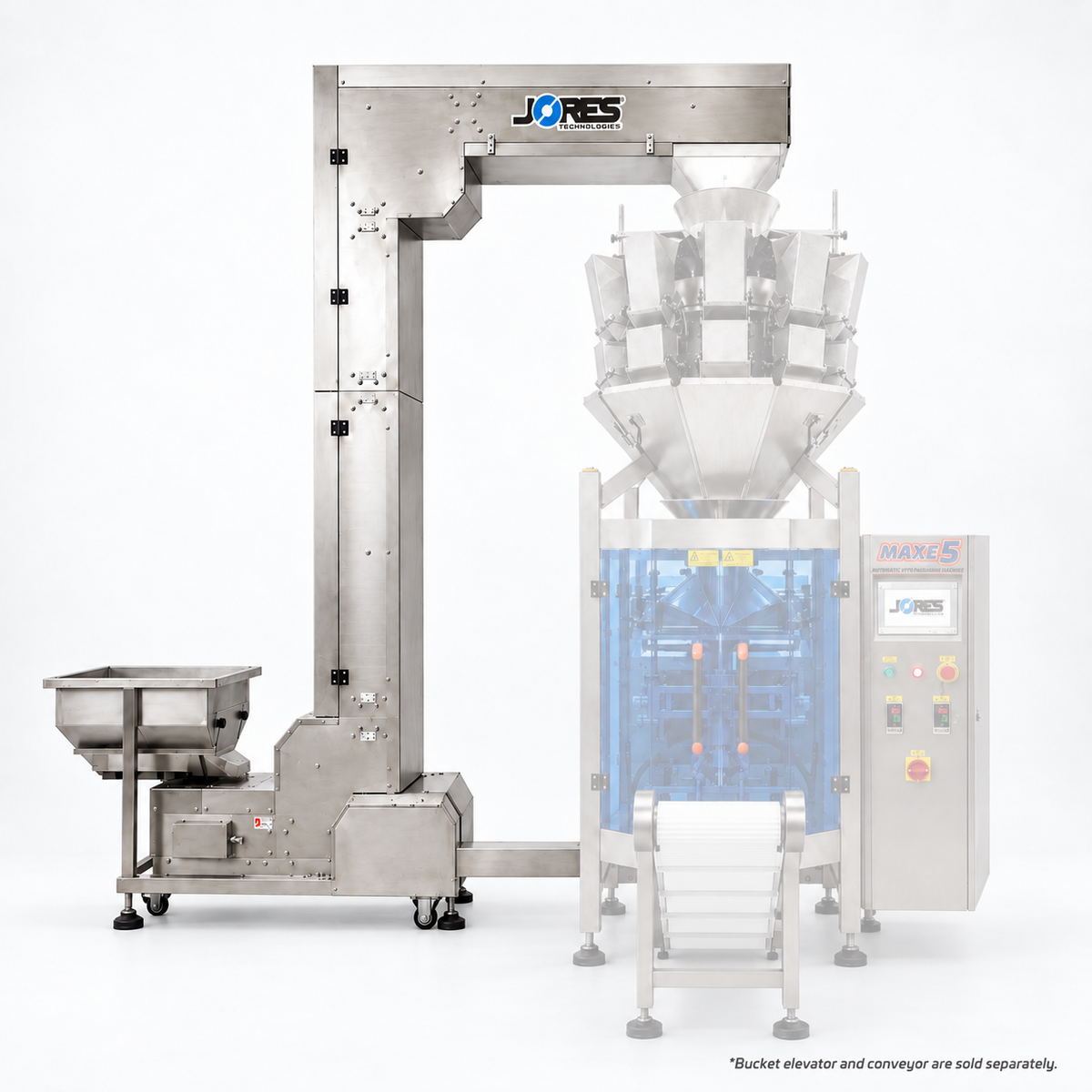 Jores Technologies MAXE-5-W automatic vertical packaging machine with a 10-head 1.6L multihead weigher scale system, integrated bucket elevator, and vibratory feeder hopper.