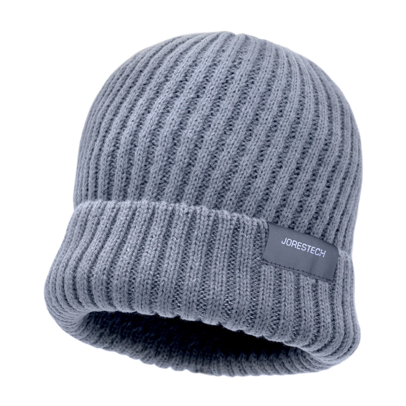 Gray winter beanie hat with reflective stitching