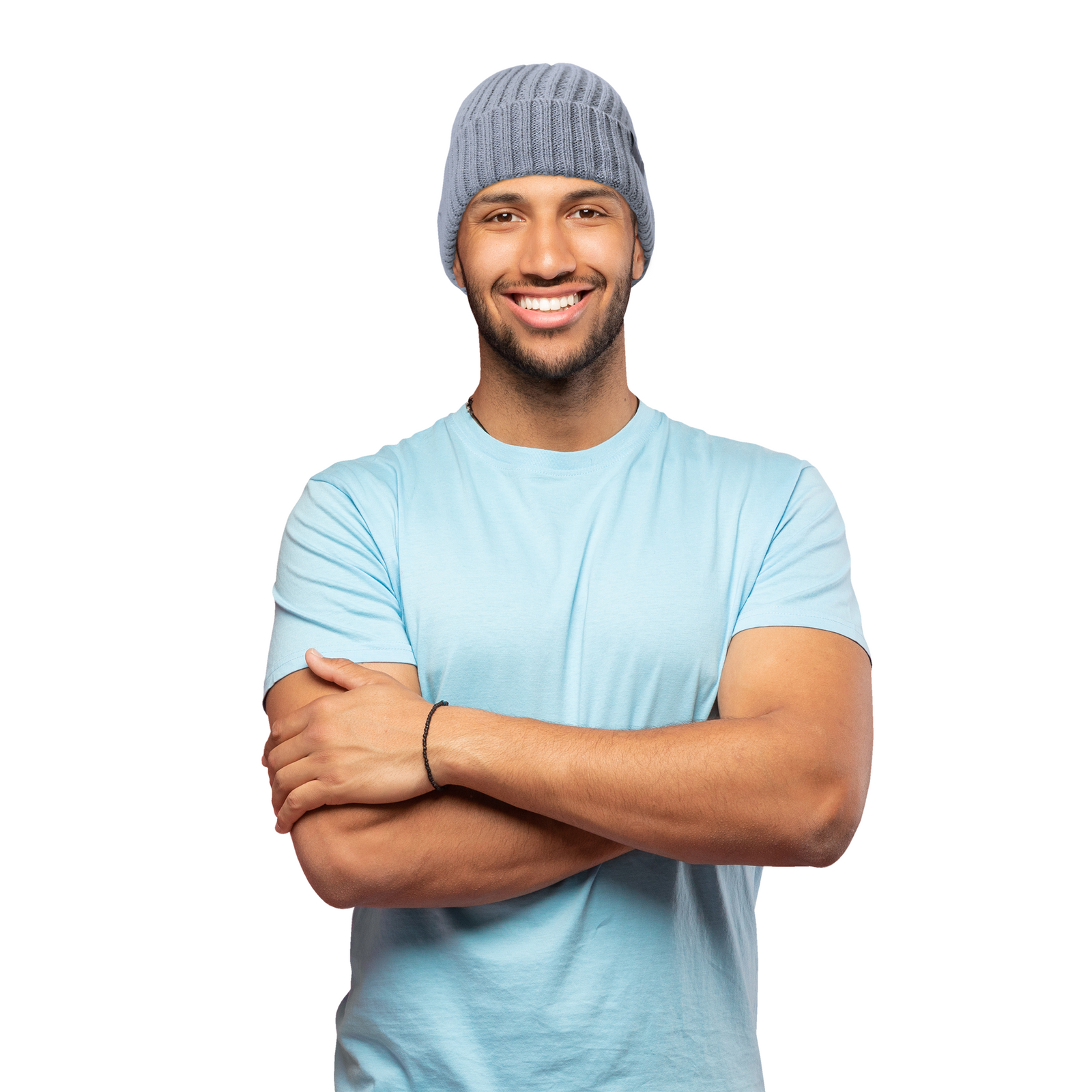 man wearing the knitted beanie hat with reflective stitching