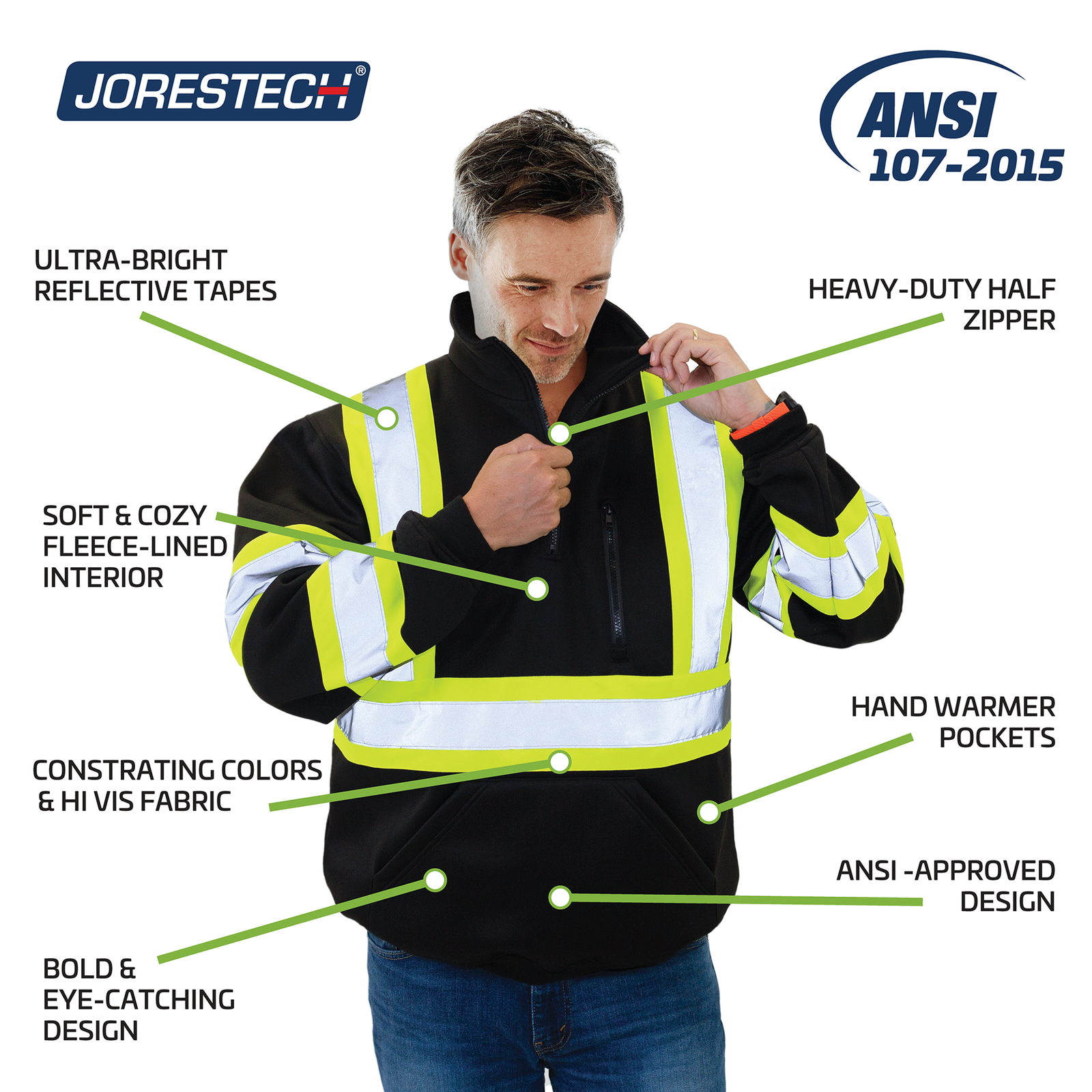 Worker wearing the JORESTECH black fleece lined safety sweater with reflective tapes, heavy duty zipper, hand pockets, and contrasting hi vis yellow strips, ANSI compliant