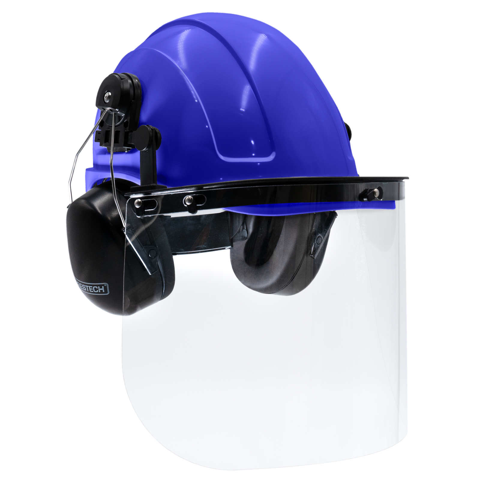 Blue cap style hard hat kit with mountable earmuffs and hi-transparency face shield