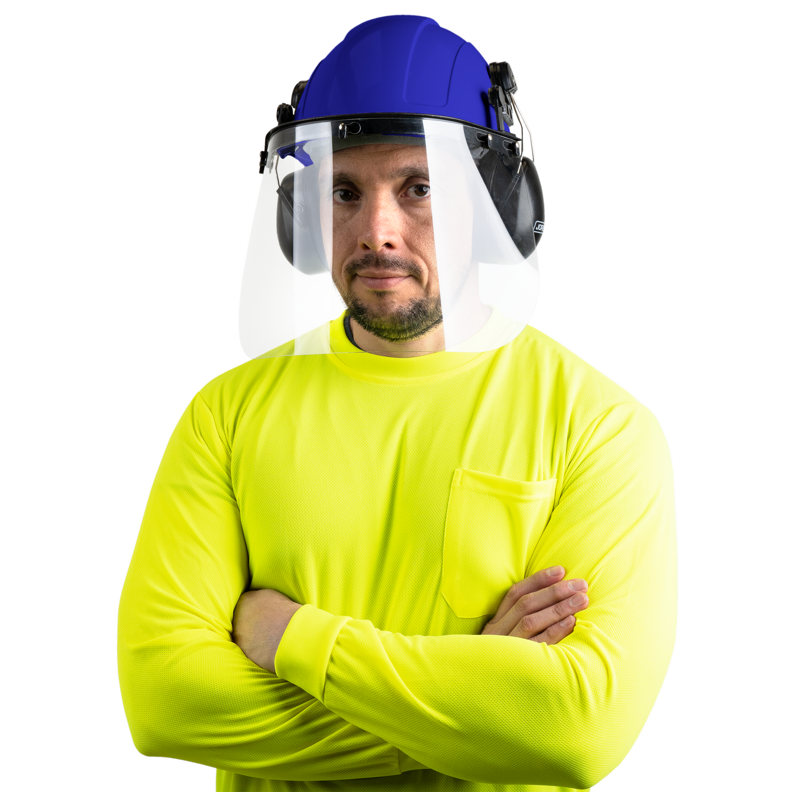 Man wearing the cap style hard hat kit with mountable earmuffs and hi transparency face shield